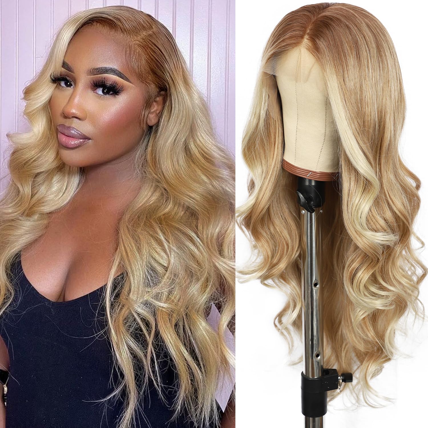 SOMIARIK Blonde Lace Front Synthetic Wigs 13x4 Blonde Highlight Brown with Dark Roots Lace Front Long Wavy Wigs for Women Pre Plucked with Natural Hairline Heat Resistant Hair for Daily Party 26 Inch