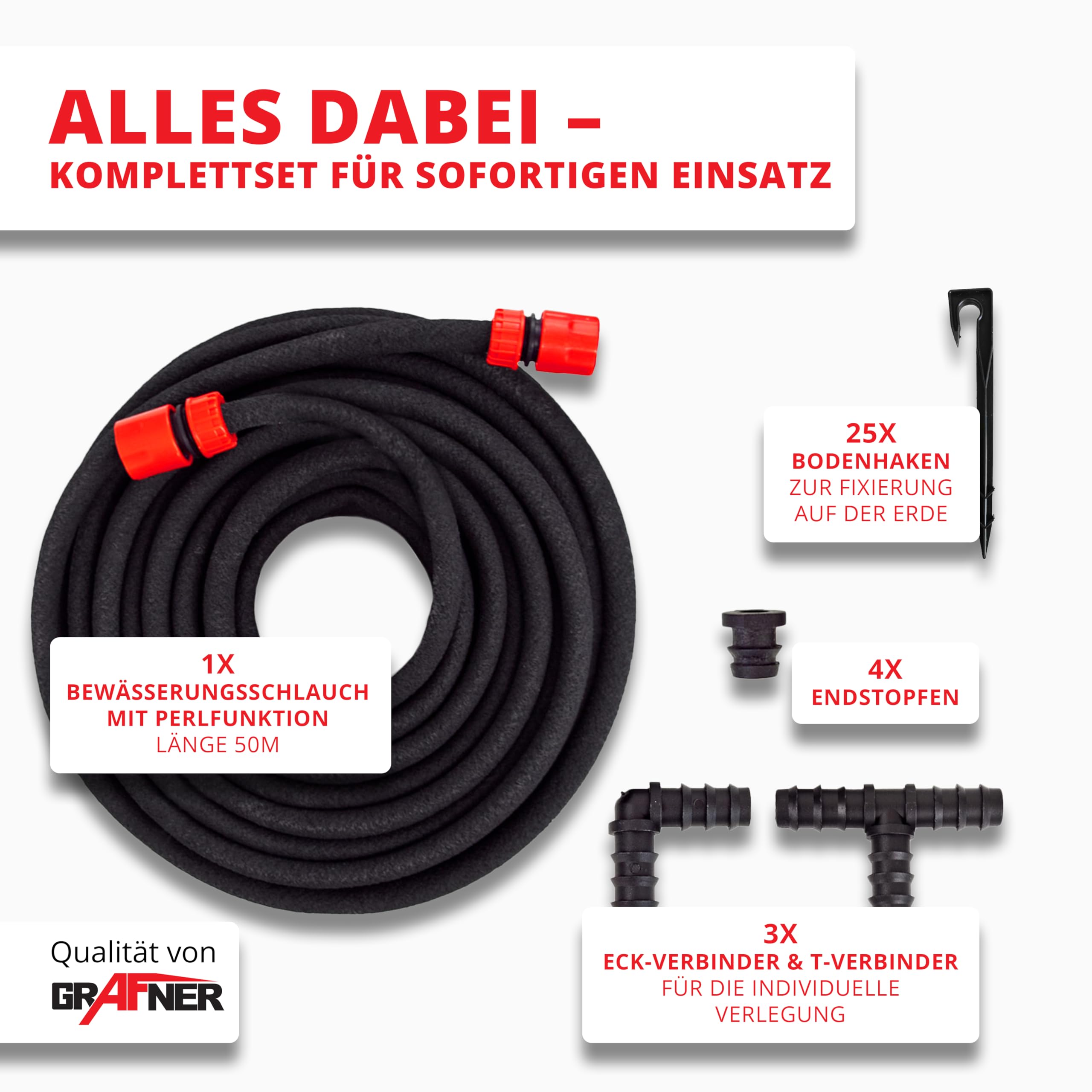 Grafner 50 Meter Perlschlauch Starter-Set, 38 teilig mit Erdanker, Eckverbinder, T-Verbinder, Endstopfen und Klickanschlüssen, wassersparend Bewässerungsschlauch Tropfschlauch