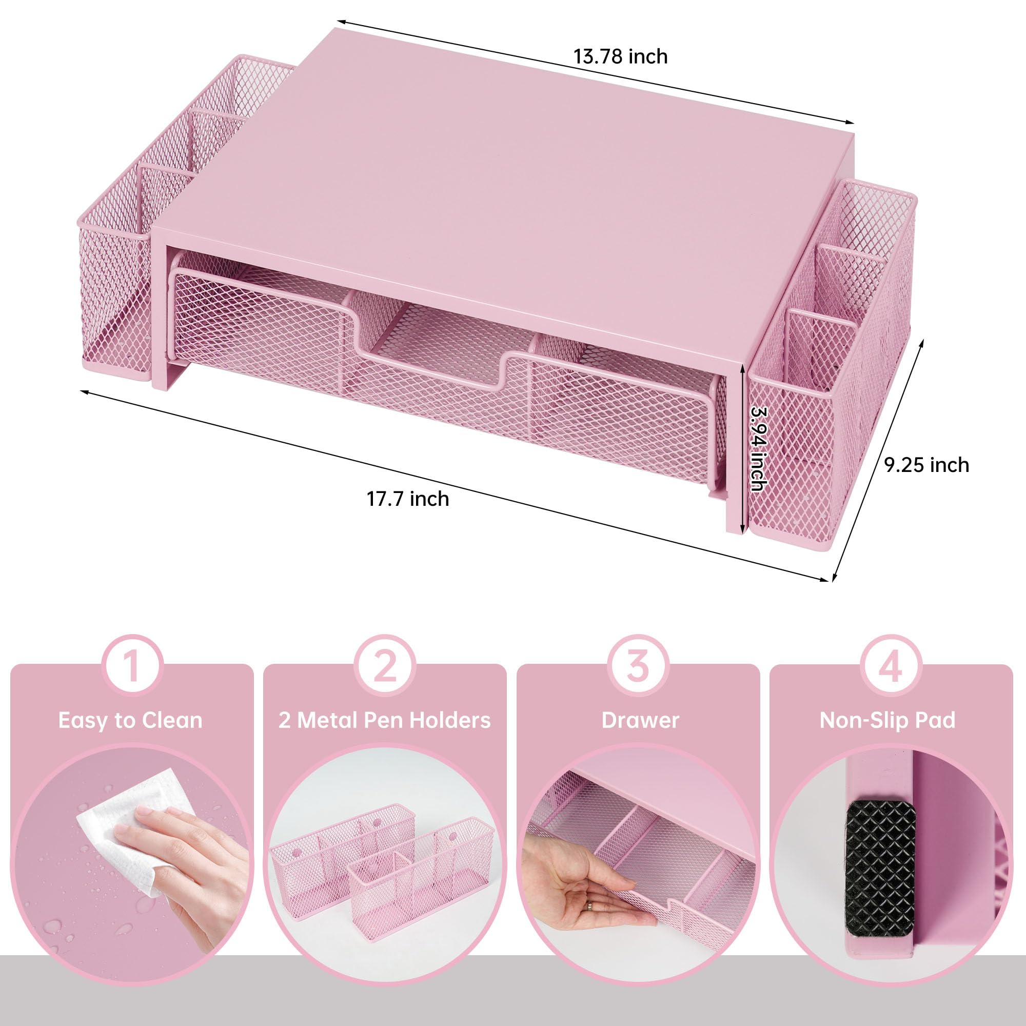 Qupui Supporto per monitor del computer con cassetto e portapenne, organizer da scrivania e accessori, accessori da scrivania per ufficio, organizzazione ufficio, rosa