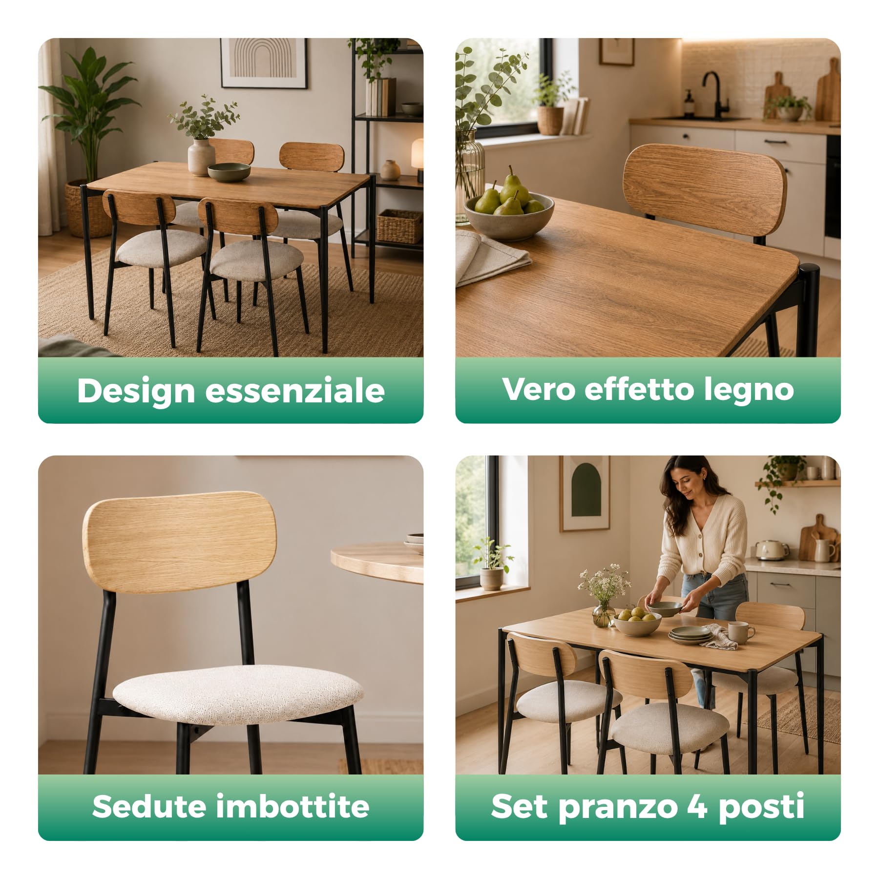 Set Tavolo e 4 Sedie moderno per Cucina e Sala da Pranzo, Tavolo Rettangolare 110x70 cm con Struttura in Metallo Nero, Piano MDF Effetto Legno, Sedie Imbottite in Tessuto, Set 5 Pezzi 4 Posti (Rovere)