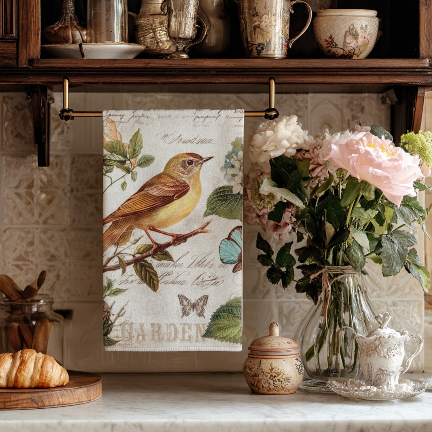 4 Pcs Vintage Garden Nature Kitchen Towels Dish Towels, Decorative Bird Bunny Dragonfly Bee Design, 27.5x20 Inch Farmhouse Absorbent Decoration Hand Towels (Garden) - Image 2