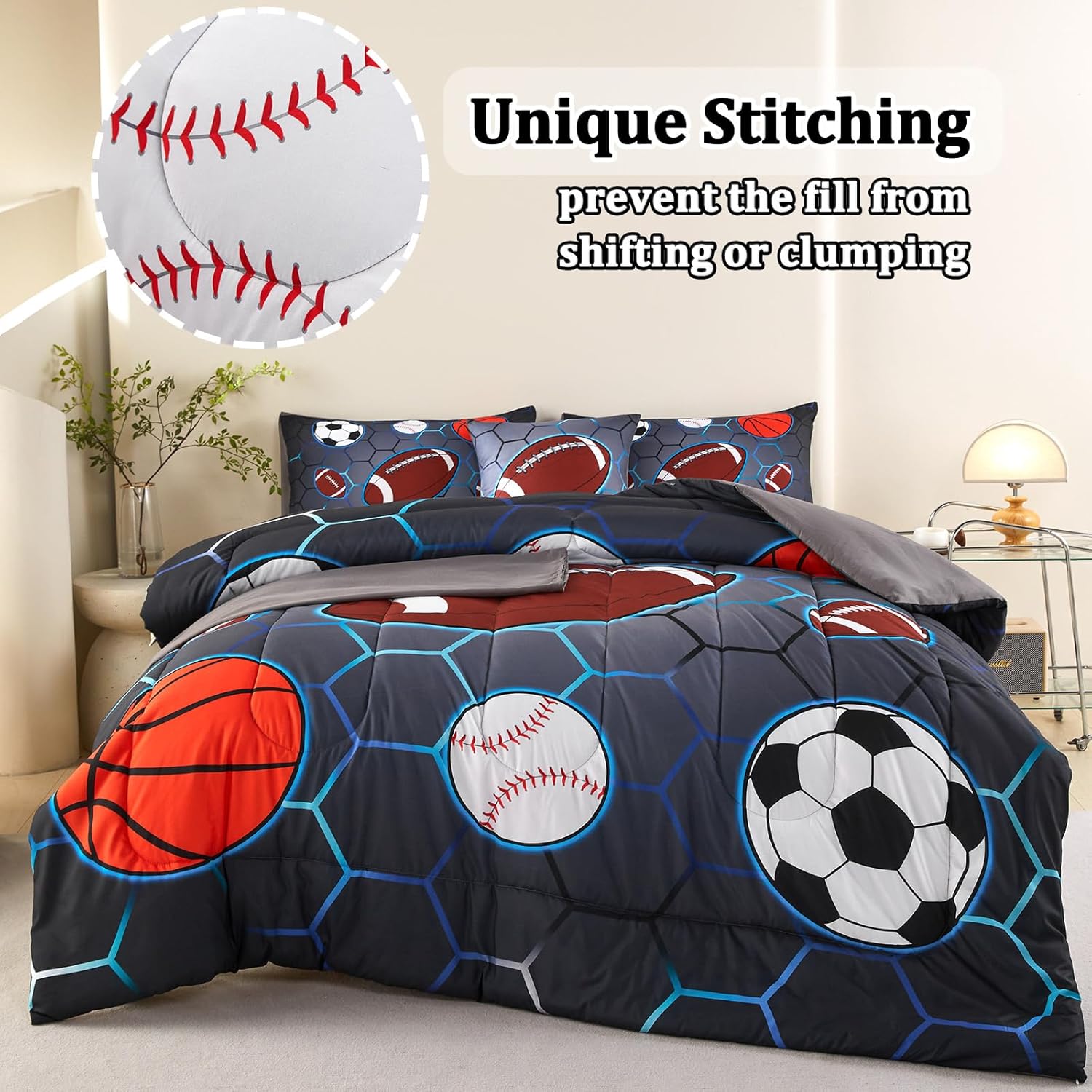 4 Pcs Sports Bedding Set for Boys Twin, Basketball Baseball Football Soccer Bedding Twin Boys Comforter Set - Image 6