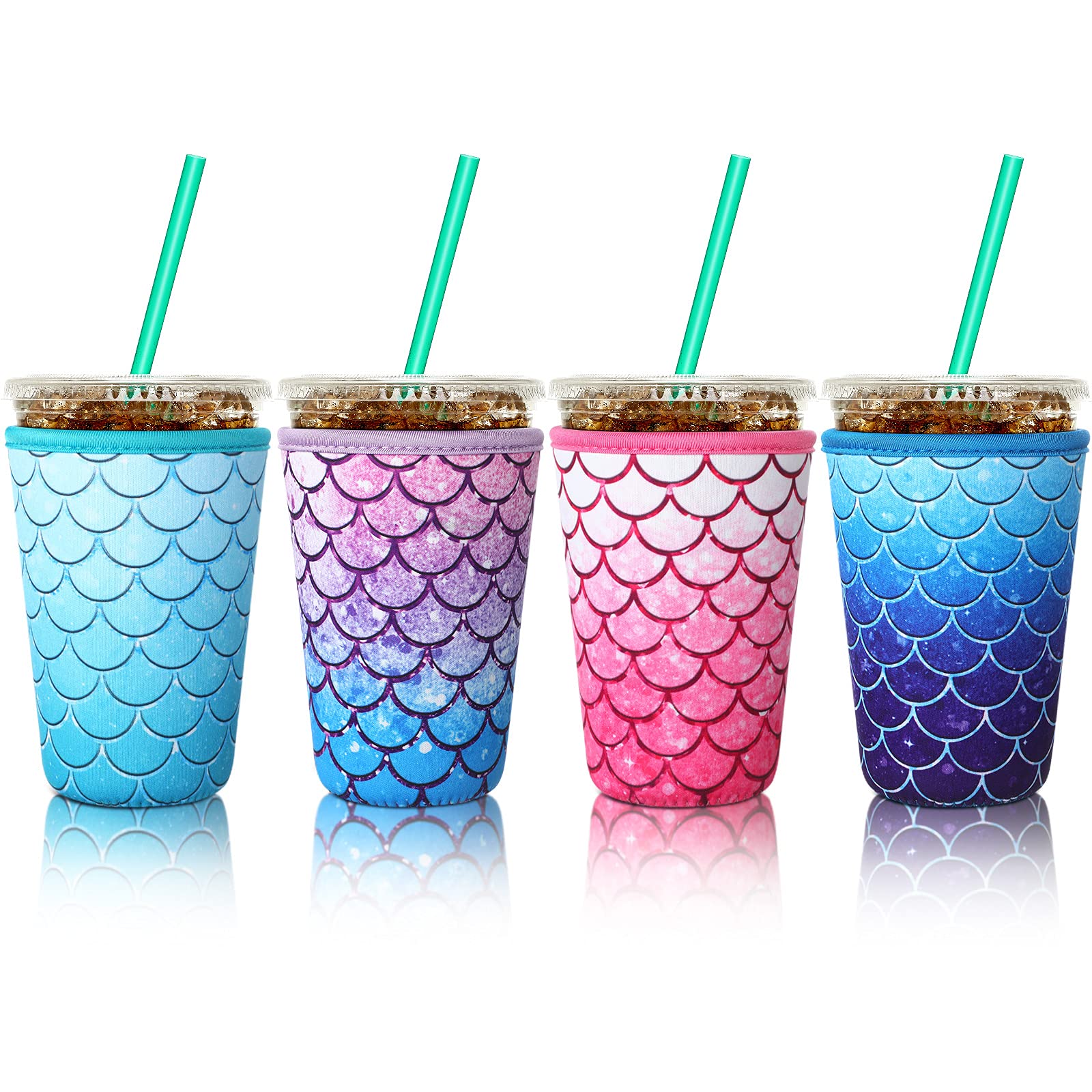 Patelai 4 Pieces Reusable Iced Coffee Sleeve Cup Insulator for Cold Drinks Beverages and Holder for Most Coffee(22-24 oz Medium,Mermaid Stripe)