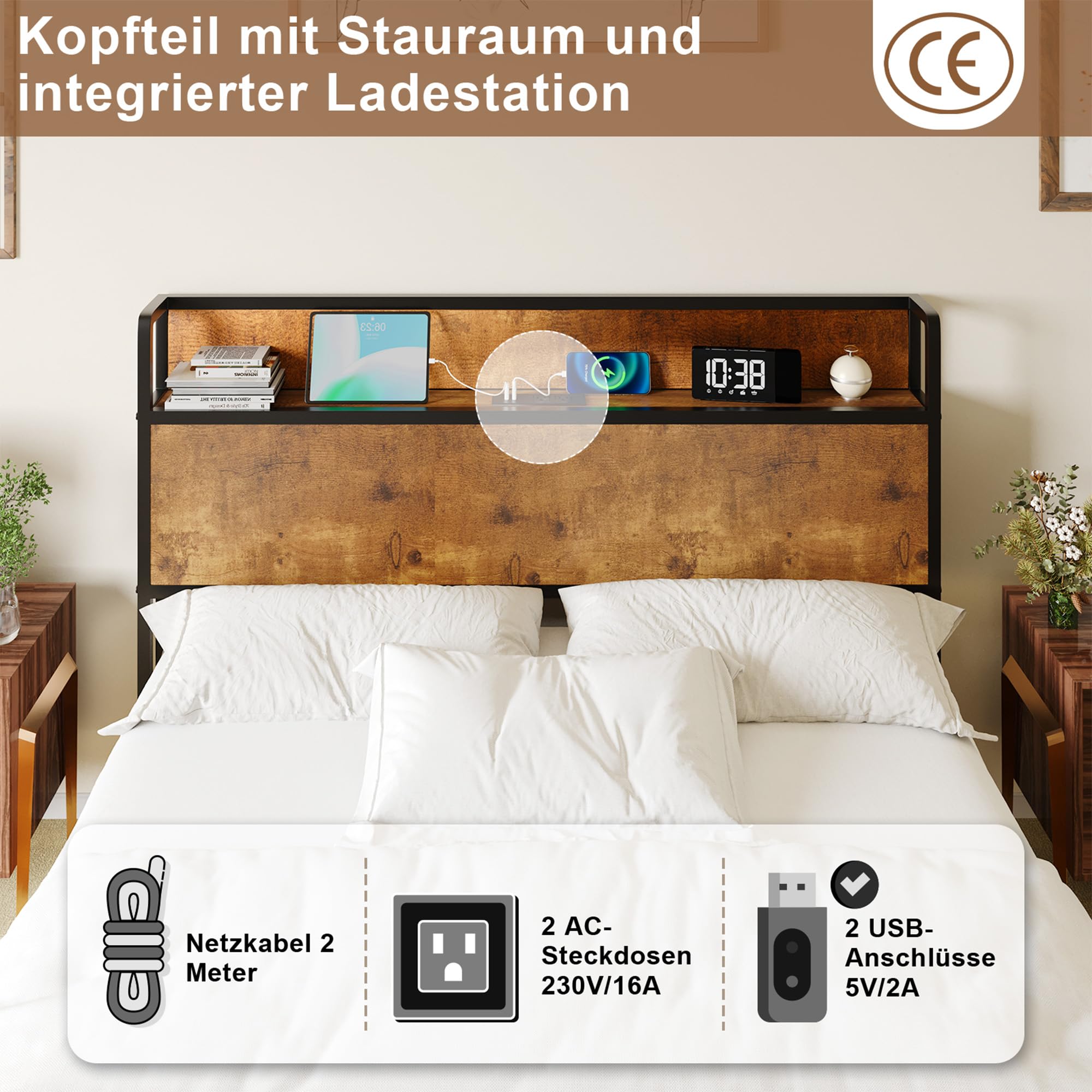 LUXOAK Bett 160x200 mit Stauraum und Hebemechanismus, Plattformbett mit Kopfteil aus Holz, Staufächern und Ladestation, Ohne Matratze (Braun, 160x200cm)