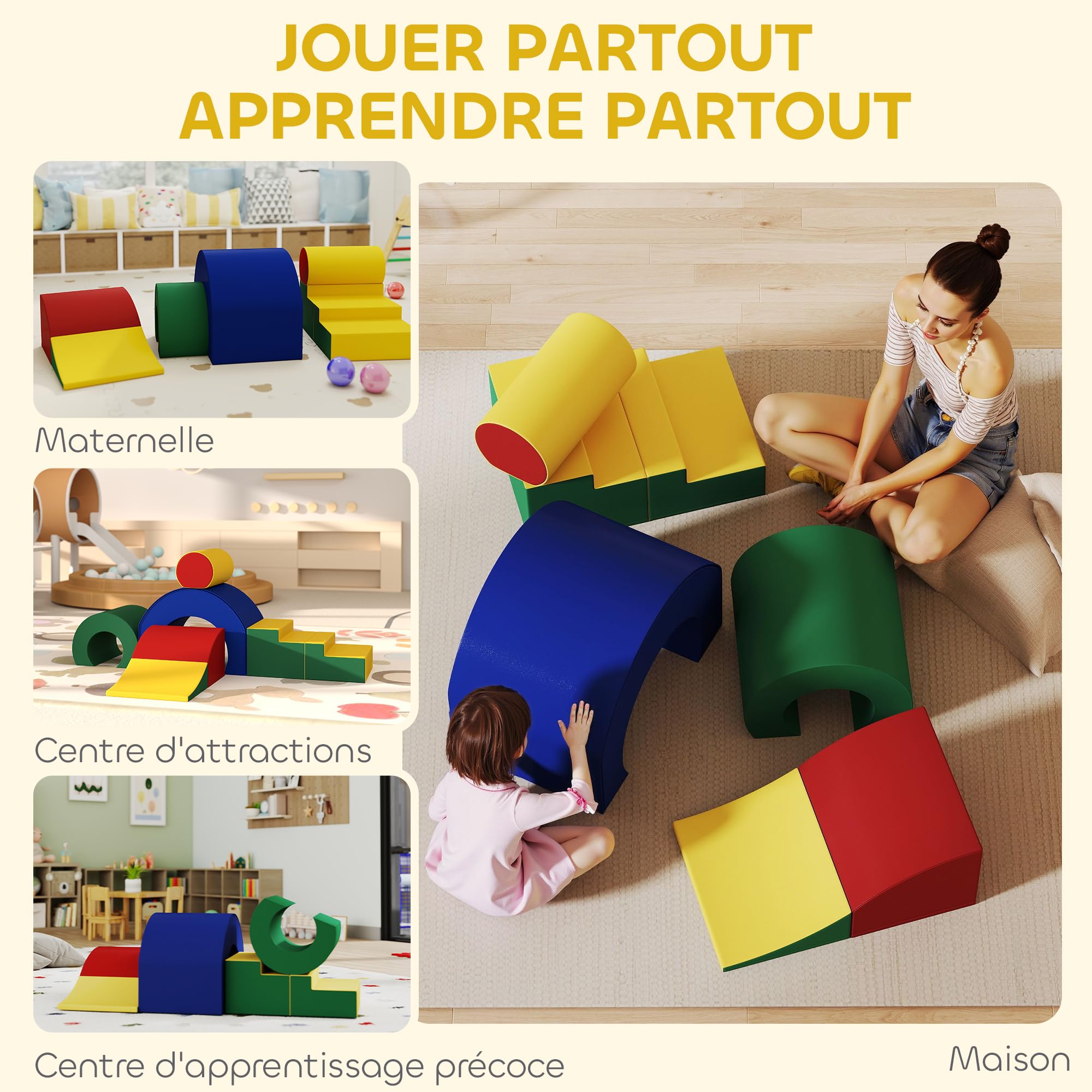 AIYAPLAY Parcours Motricité Bébé Modulable Jouets d'escalade Multicolore | Mousse Blocs de Construction Jouets Éducatifs, 5 Briques Géantes en Mousse, Coins Arrondis, pour Enfants 6 Mois à 6 Ans