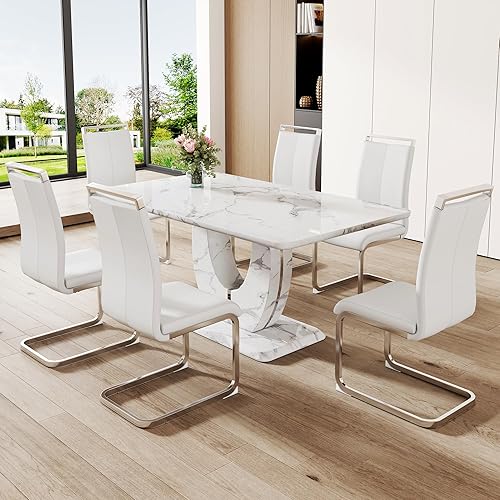 Dining Table Set for 6, Kitchen Table Chairs Set of 6, Modern Dining Room Set 63'' Marble Dinner Table PU Leather Upholstered Chairs for Kitchen