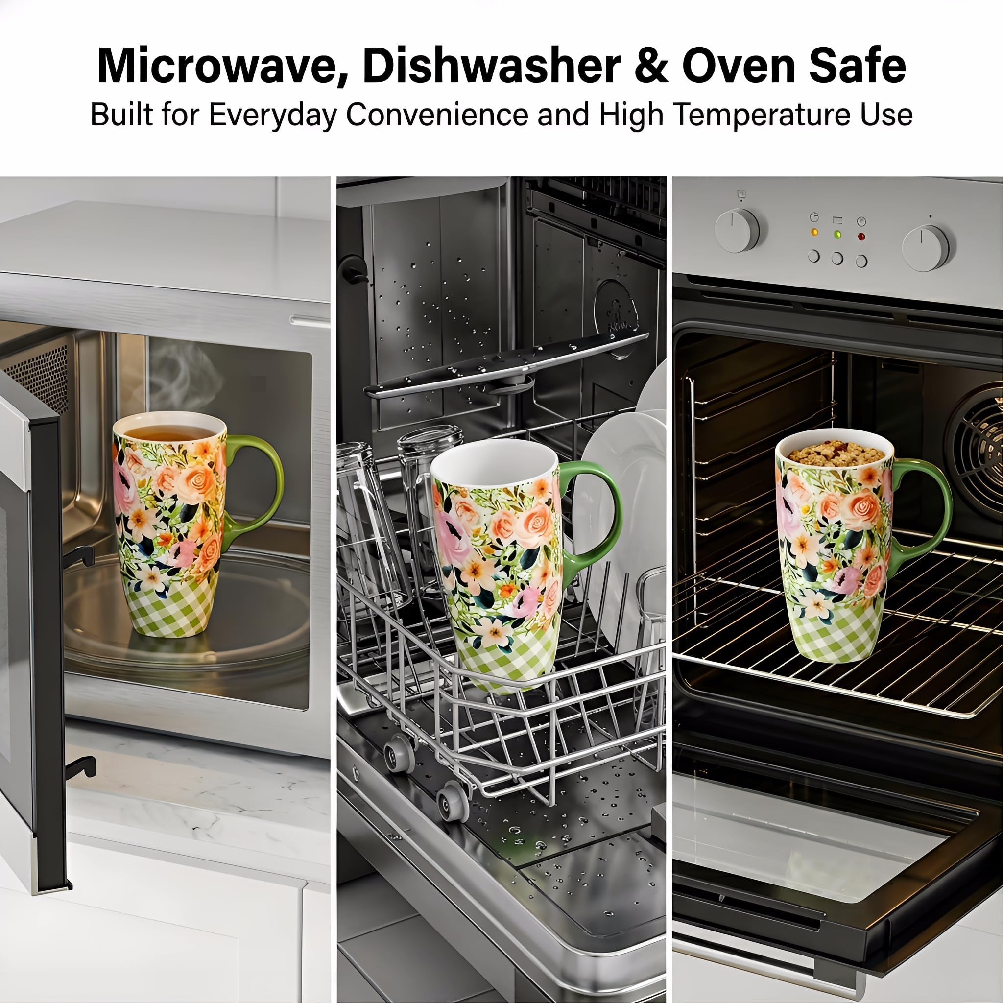 DUSVALLY Taza de café de cerámica para oficina y hogar, pintada única con taza, taza de flores, tazas grandes de 17 onzas, verde