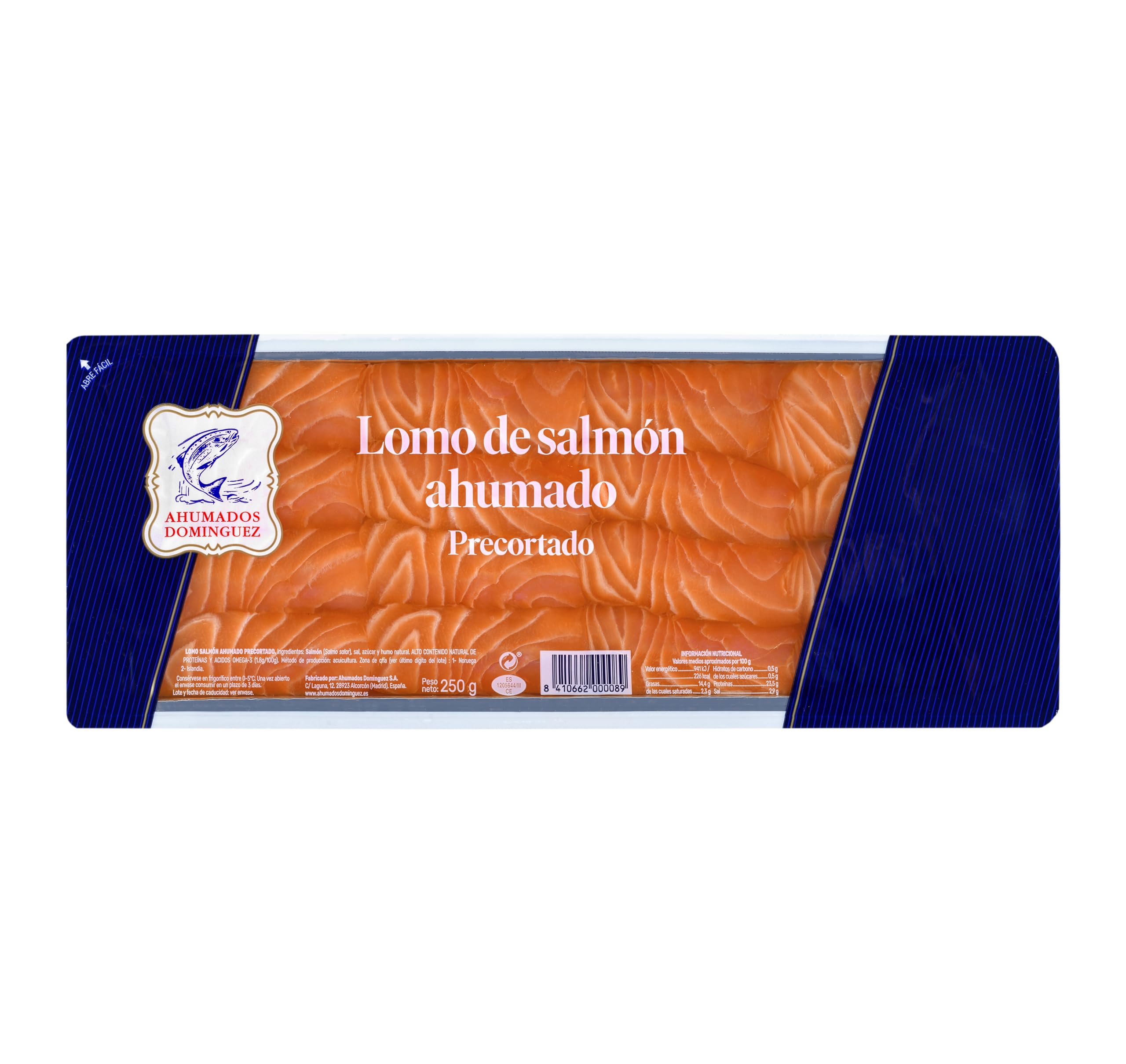 Ahumados Domínguez - Salmón Ahumado Natural Cortado en Lomos - 250 g - Elaboración Artesana - Sin piel, Sin Espinas - Refrigerado