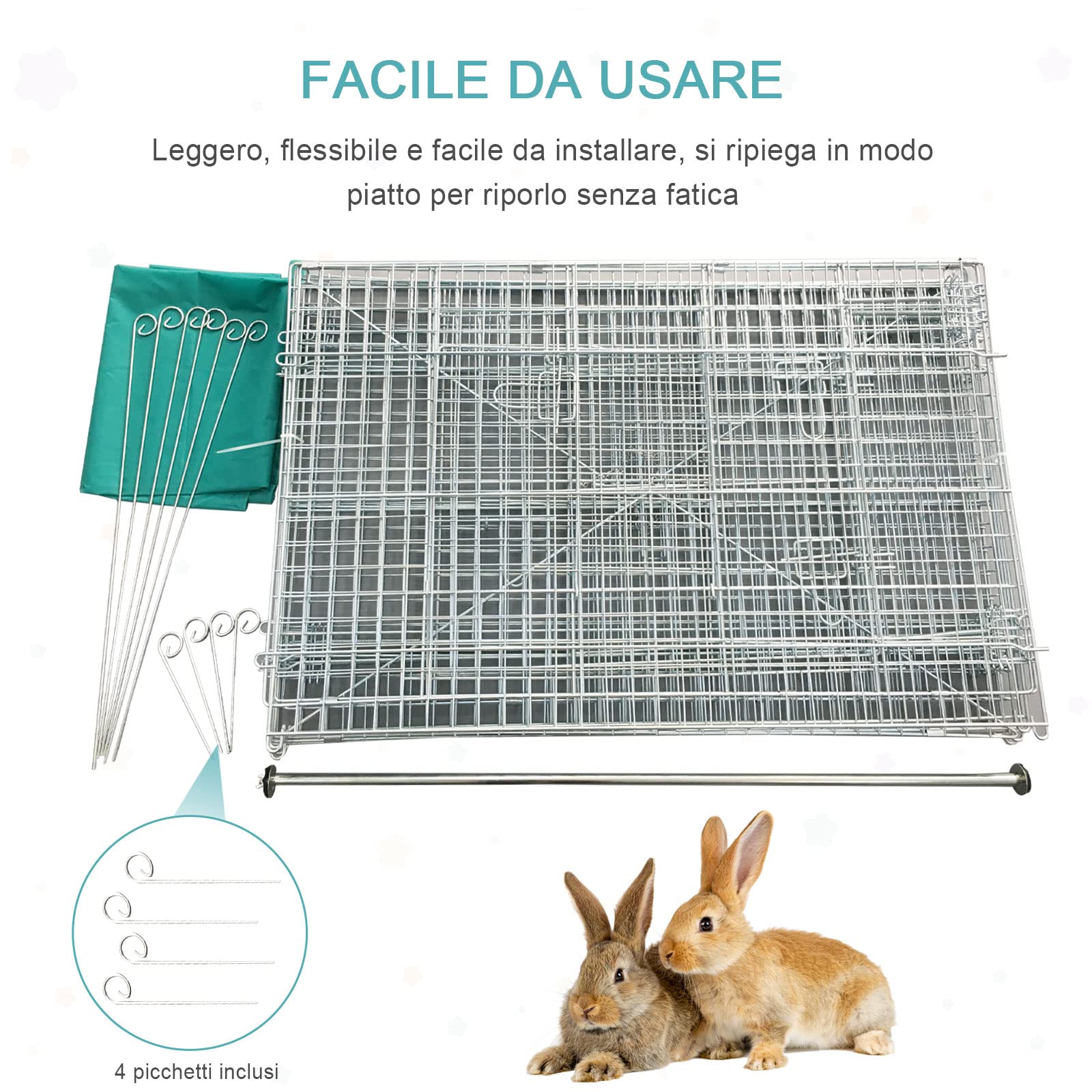 PawHut Recinto per Animali con Telo di Copertura, Recinzione in Acciaio con Porte per Galline e Conigli, 220x103x103cm