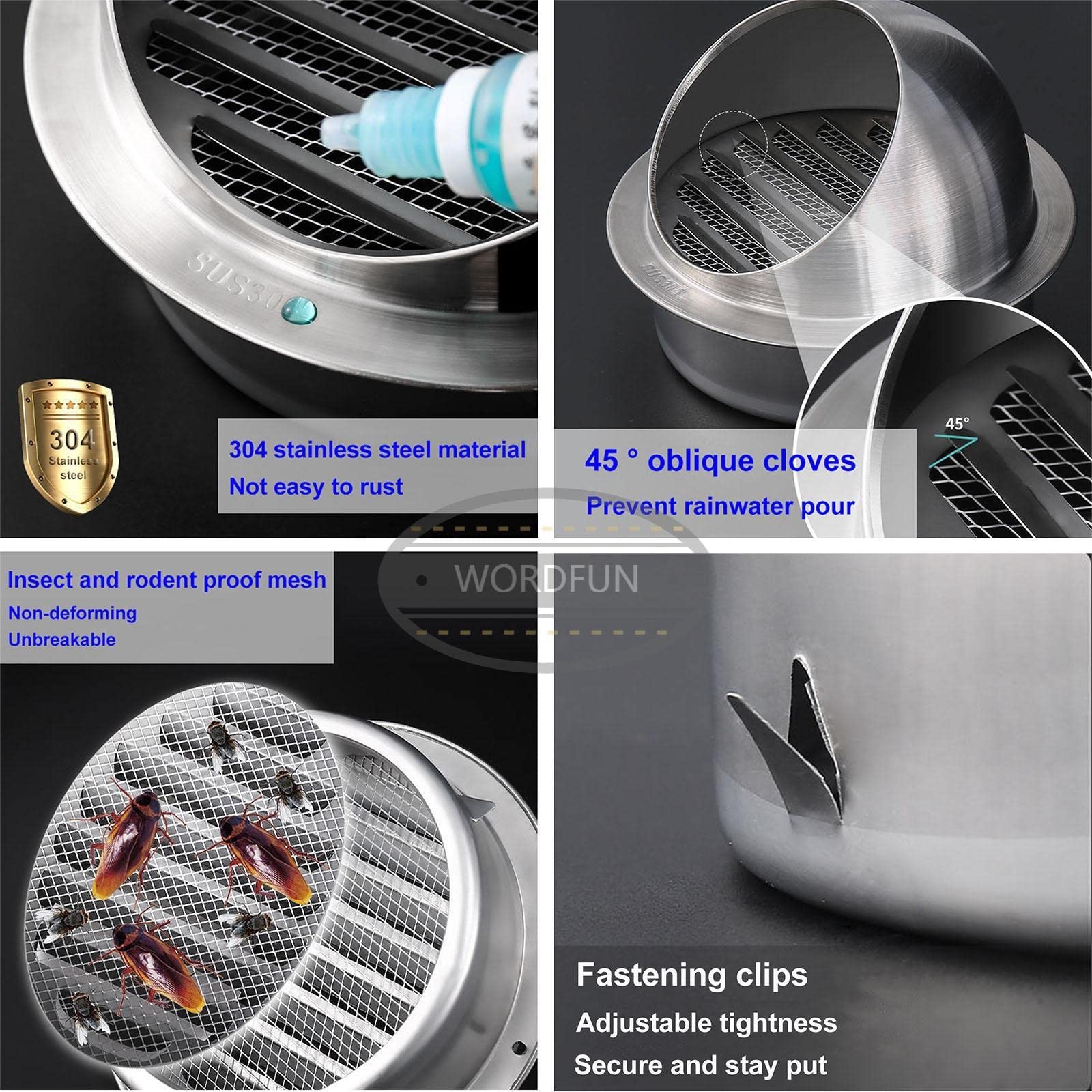 WORDFUN 200/250mm Grille D'évacuation d'air Ronde, Grille De Ventilation en Acier Inoxydable, Bouches D'aération, Housse De Ventilation, Bouche De Sortie Ventilation Grille