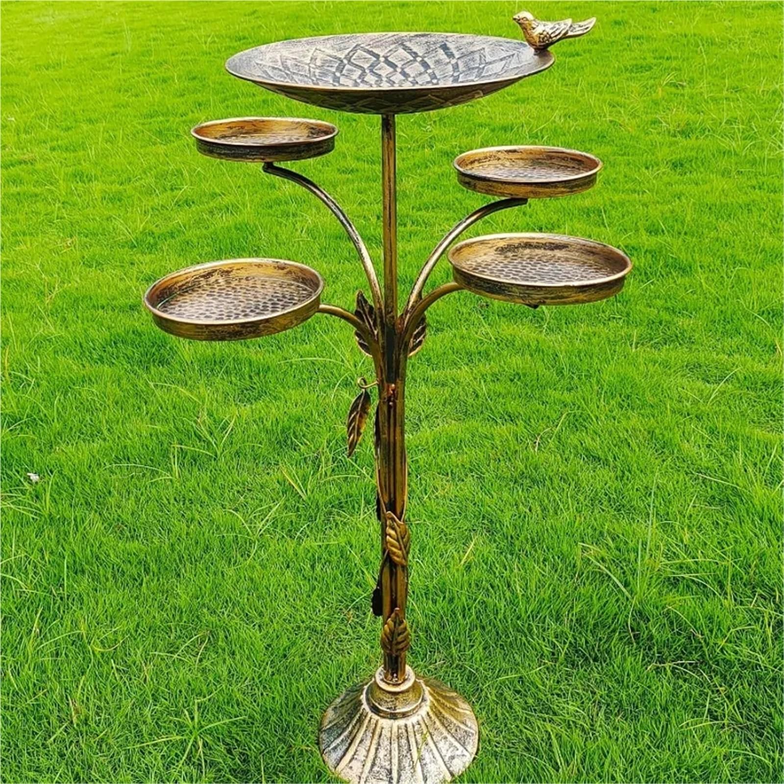 Metal Bebedero pajaros con Pie Baño for pájaros al Aire Libre con Base de Hierro Fundido 33,5 "H | Bandeja de cuenco de alimentación de pájaros de metal, decoración de patio de jardín de baño de pájaros de metal