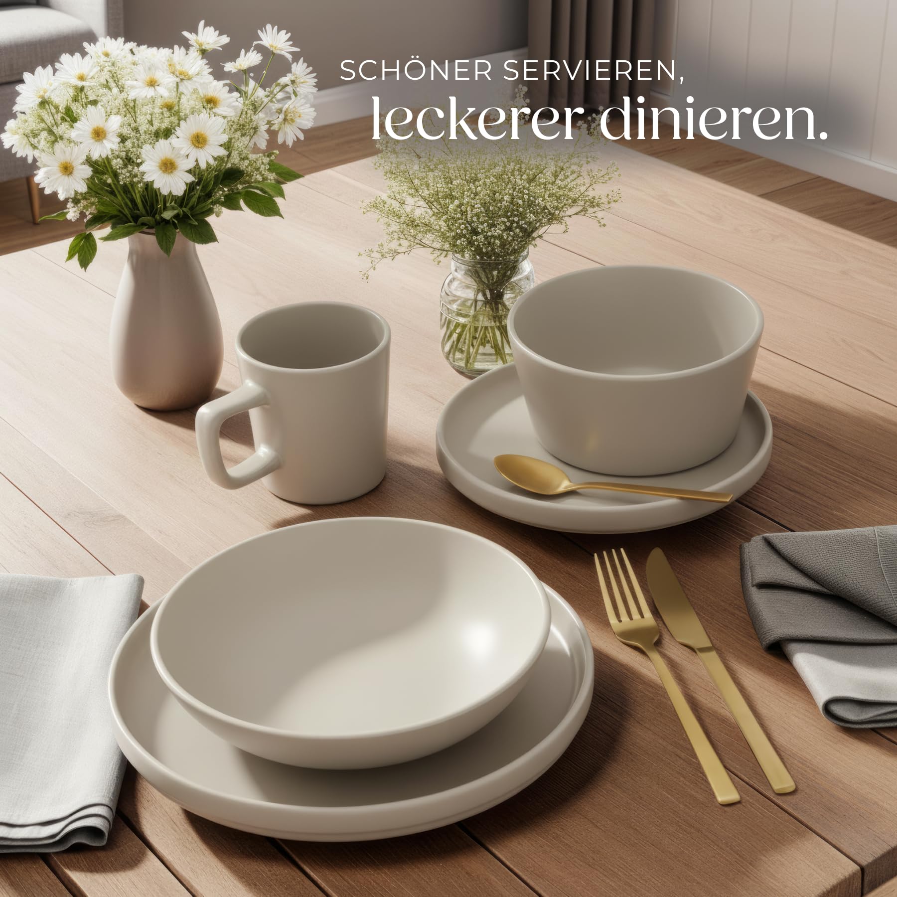 tectake® 30-tlg. Kombiservice, Geschirrset, Tafelservice 6 Personen, Steingut Geschirr Set, Teller Set mit Schalen, Kaffeetassen, Speiseteller, Frühstücksteller, tiefe Teller und Schüsseln - taupe
