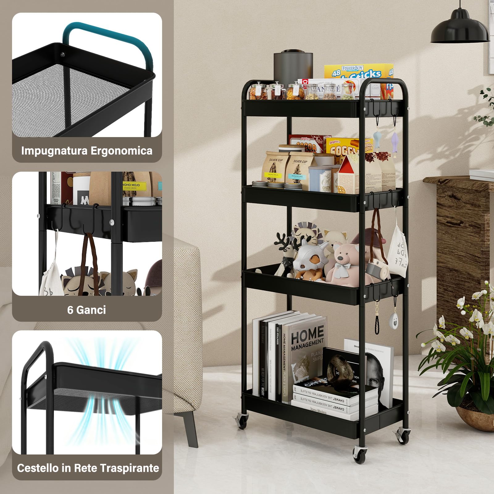 PUNCIA Carrello Portaoggetti a 4 Ripiani in Metallo, Carrello con Rotelle, Etagiera da Cucina con Ruote e Antiruggine, Facile da Pulire, Scaffale Mobile per Cucina, Soggiorno e Bagno (Nero)
