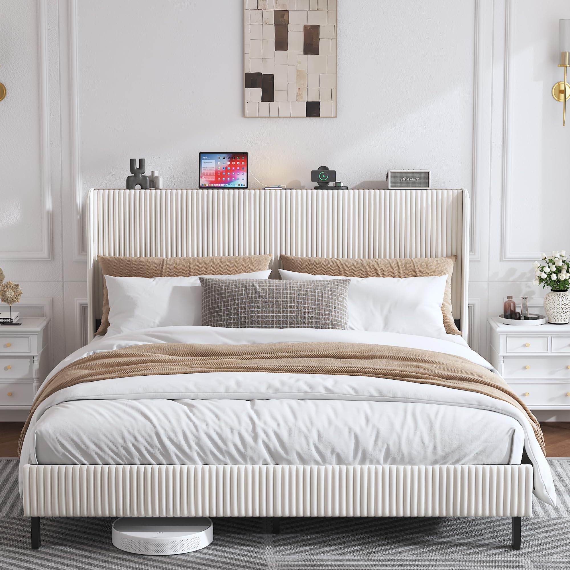 OKMYHOME Cama Tapizada 180x200 cm, Cama Doble Grande con LED y Puerto USB Tipo C, Estructura con Somier de Láminas de Metal, Tela Acanalada, Beige, Sin Colchón