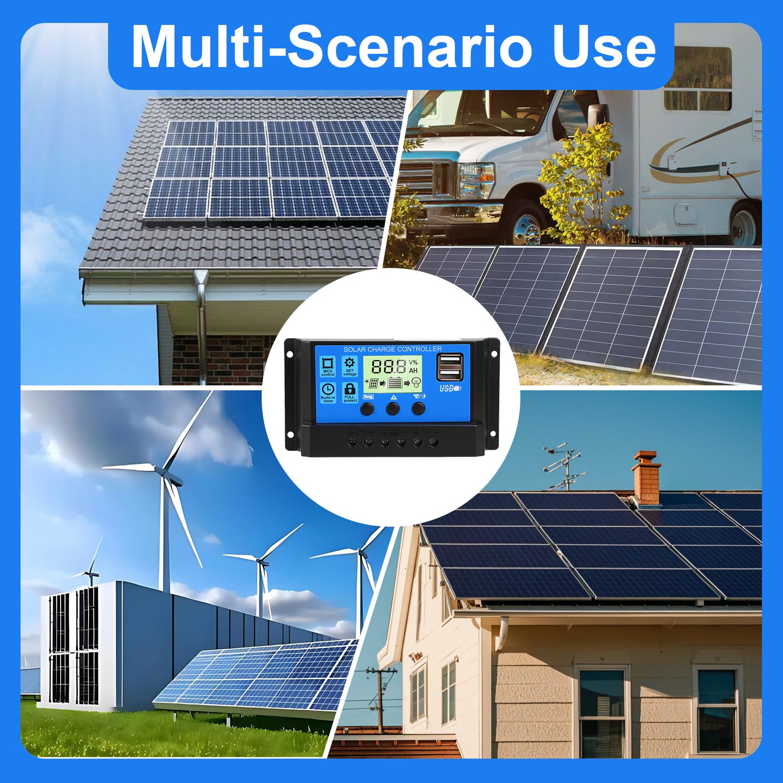 30A PWM Regulateur de Charge Solaire, 12V/24V Contrôleur de Charge, Régulateur Solaire avec Écran Lcd Réglable, 5V 2 Port Usb, Paramètre Automatique, Regulateur de Charge pour Acide de Plomb