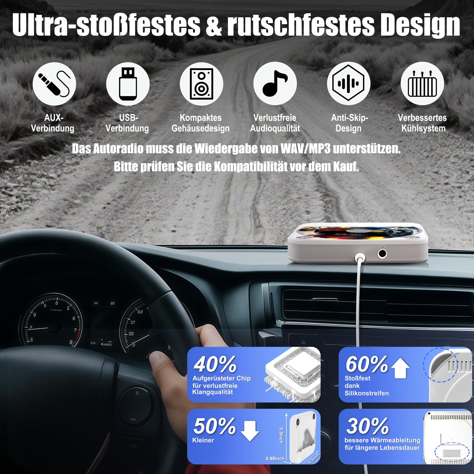 Tragbarer externer CD-Player für Auto: Plug-and-Play, mit USB & AUX, universell für Fahrzeuge, Laptop, TV, PC sowie Android 4.4+ Navigation