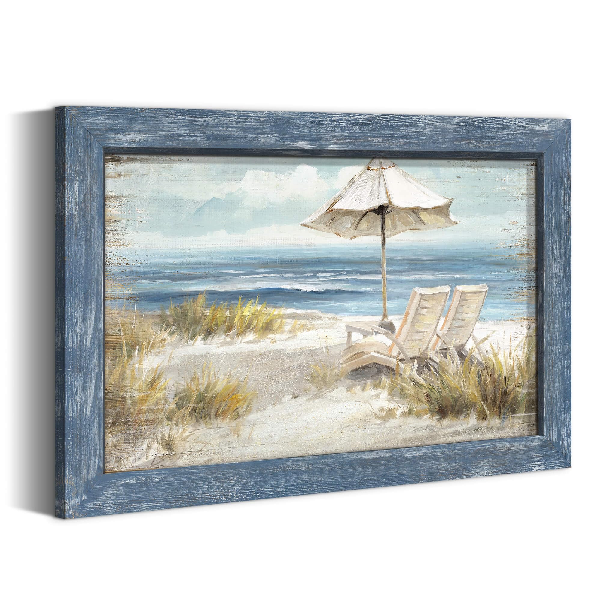Framed Coastal Seaside Wall Art: Modern Beach Chair Painting Wood Decor Rustic Blue Ocean Artwork Calming Seascape Nature Picture Sea Deckchair Landscape Prints for Bedroom Bathroom Living Room