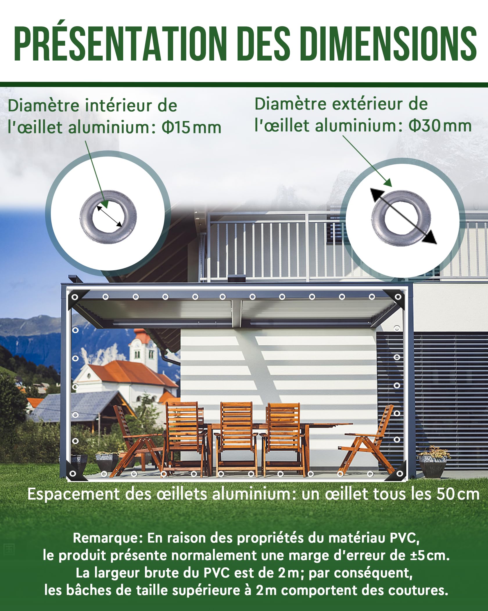 FoundGo Bâche Transparente Extérieur 2x2m avec Oeillets, PVC 420g/m² Imperméable Anti‑Déchirure Renforcée, Bâche Protection Pergola Terrasse Véranda Serre, Corde et Serre‑Câbles Inclus