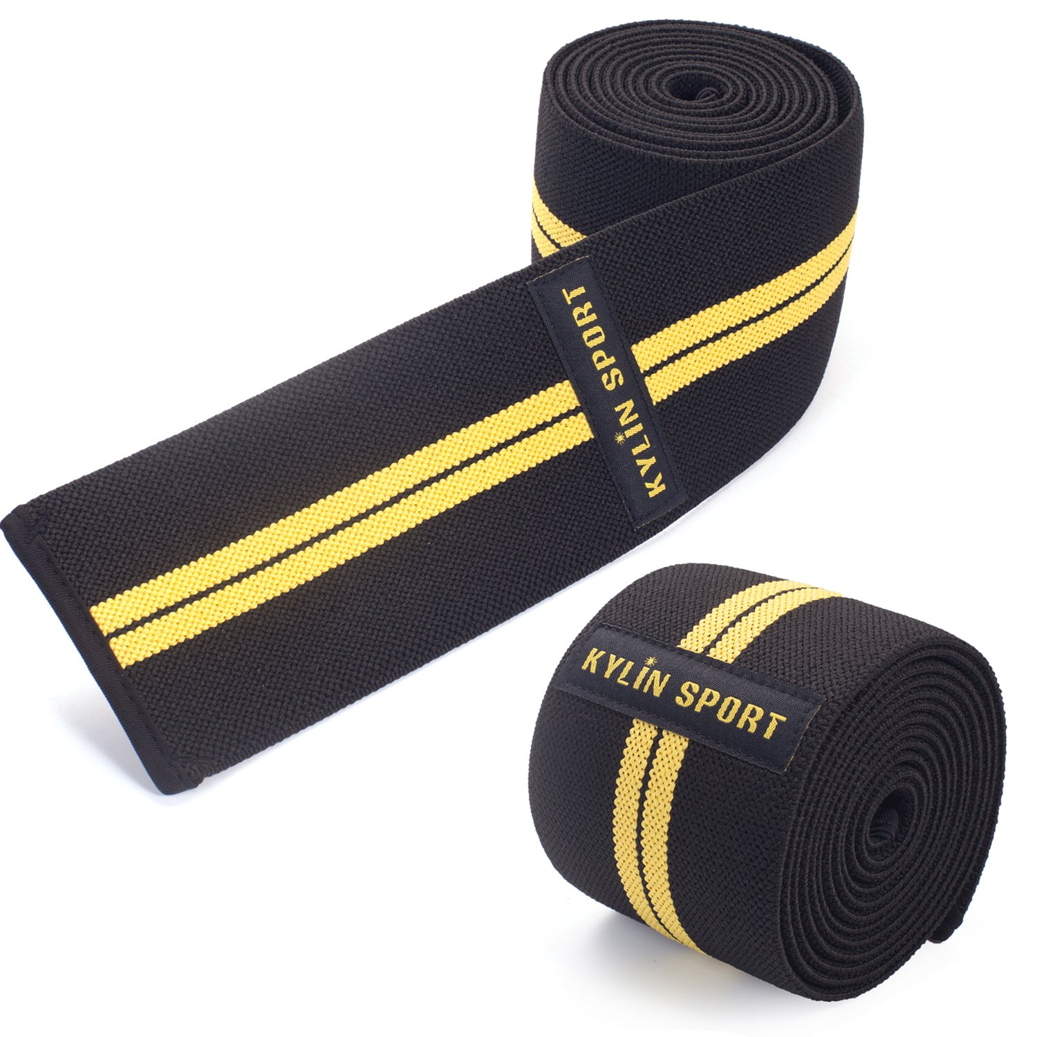 79" Knee Wrap (coppia) Supporto elastico a compressione per ginocchio per cross training WOD, allenamento in palestra, sollevamento pesi, fitness, powerlifting/uomo e donna (giallo/nero)