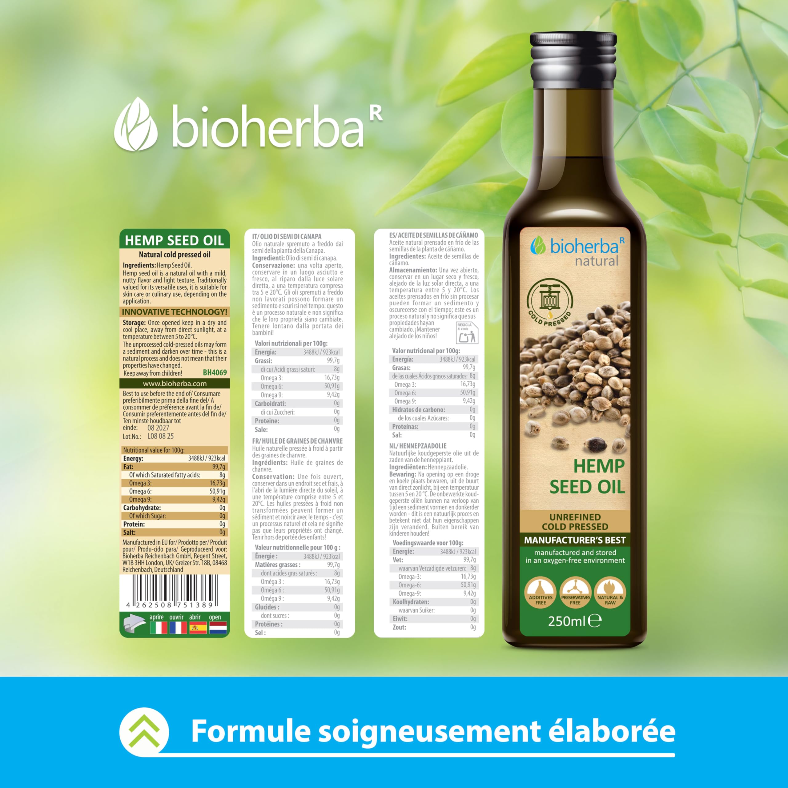 Huile de chanvre 250 ml – Huile végétale naturelle et pressée à froid | BIOHERBA