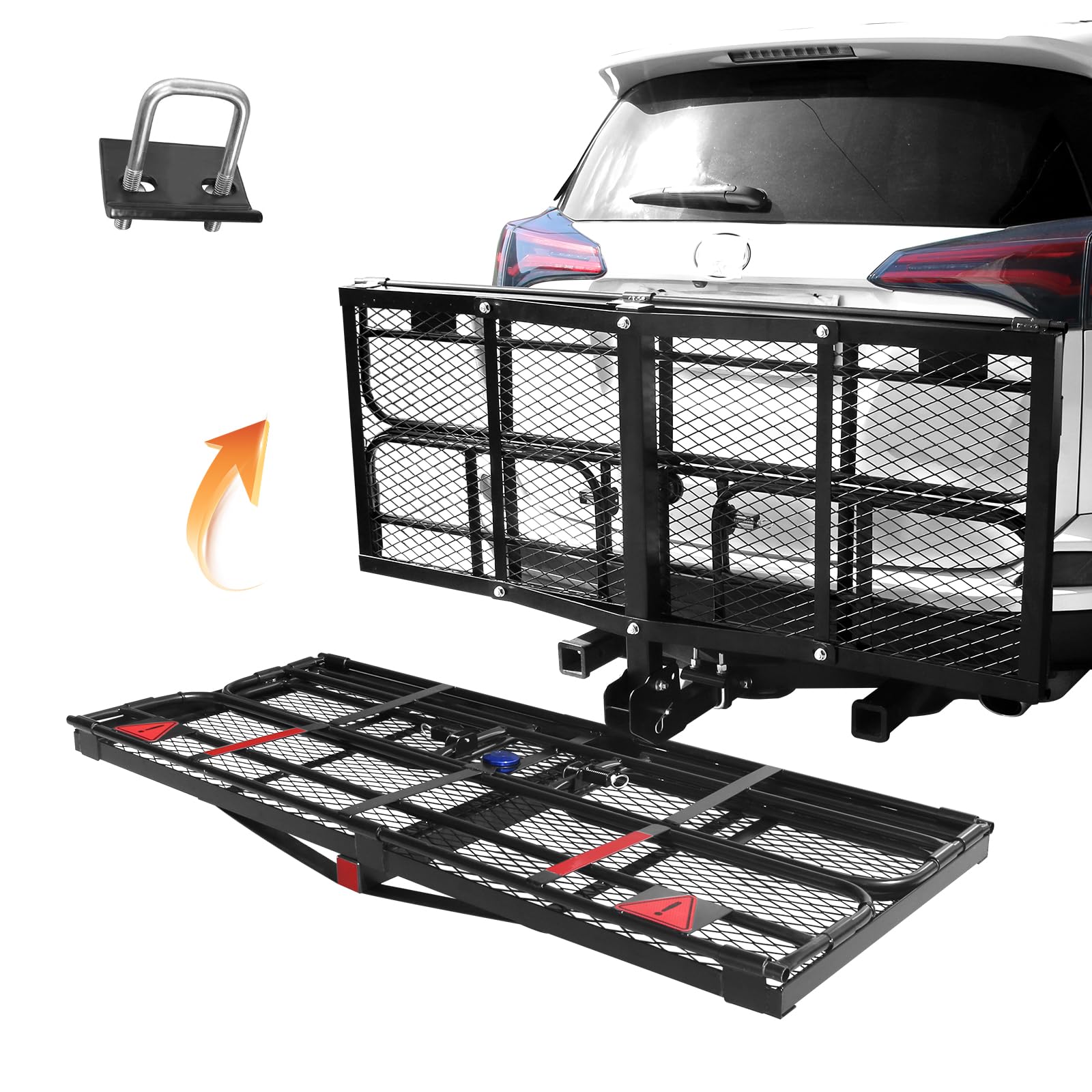 Photo 1 of Carivia Folding Hitch Mount Cargo Carrier with Button Lock, 60"X24"X14" Heavy Duty 500 Lbs Capacity Trailer Hitch Cargo Carrier Fits 2" Receiver, Easy Unfold Trailer Hitch Basket for SUV Car Traveling