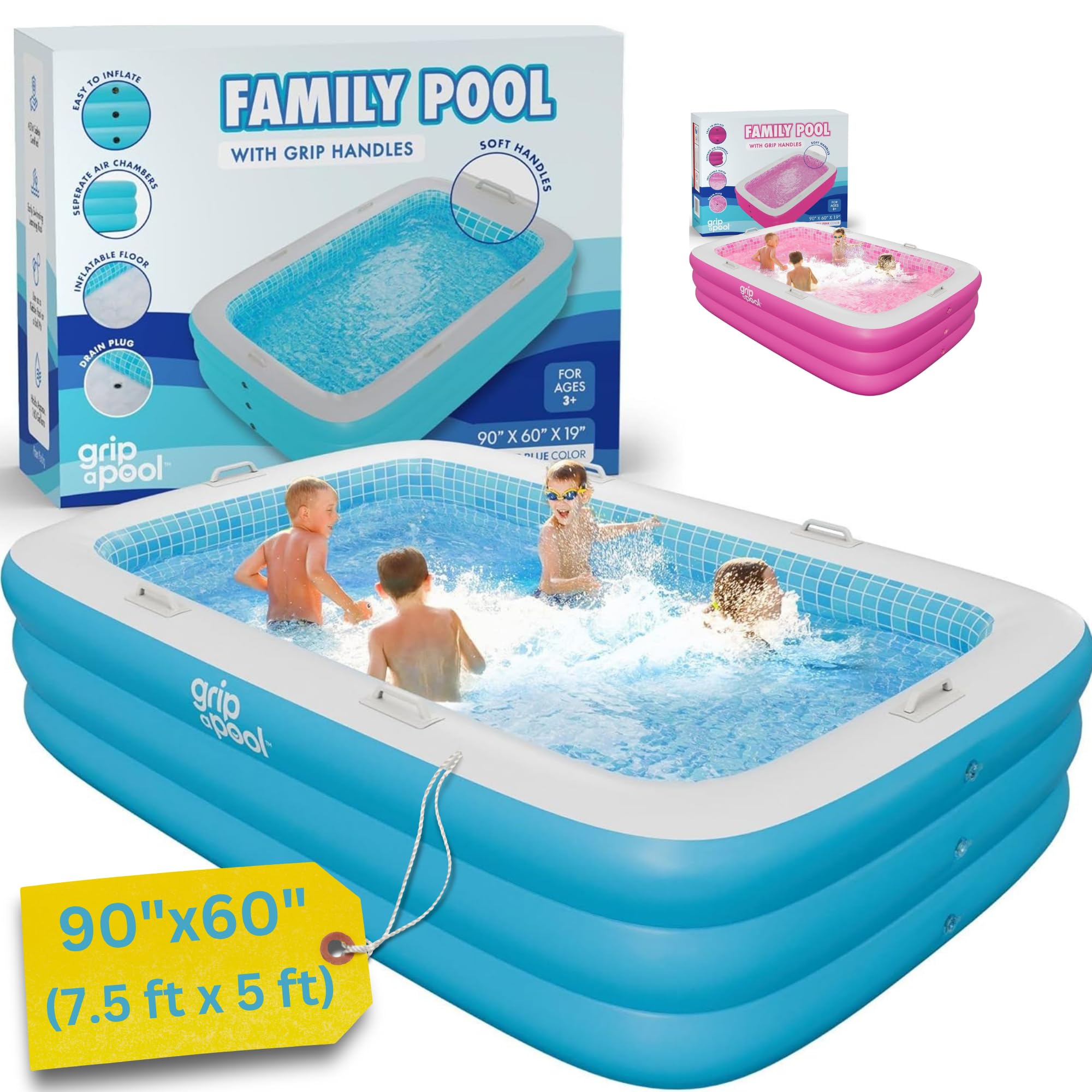 Premium Large Inflatable Pool with Soft Floor, Handles and Drain for Adults and Kids, 90"x60"19" Durable Blow Up Outdoor Swimming Pool for Backyard, Summer Gift, Family Size Kids Pool