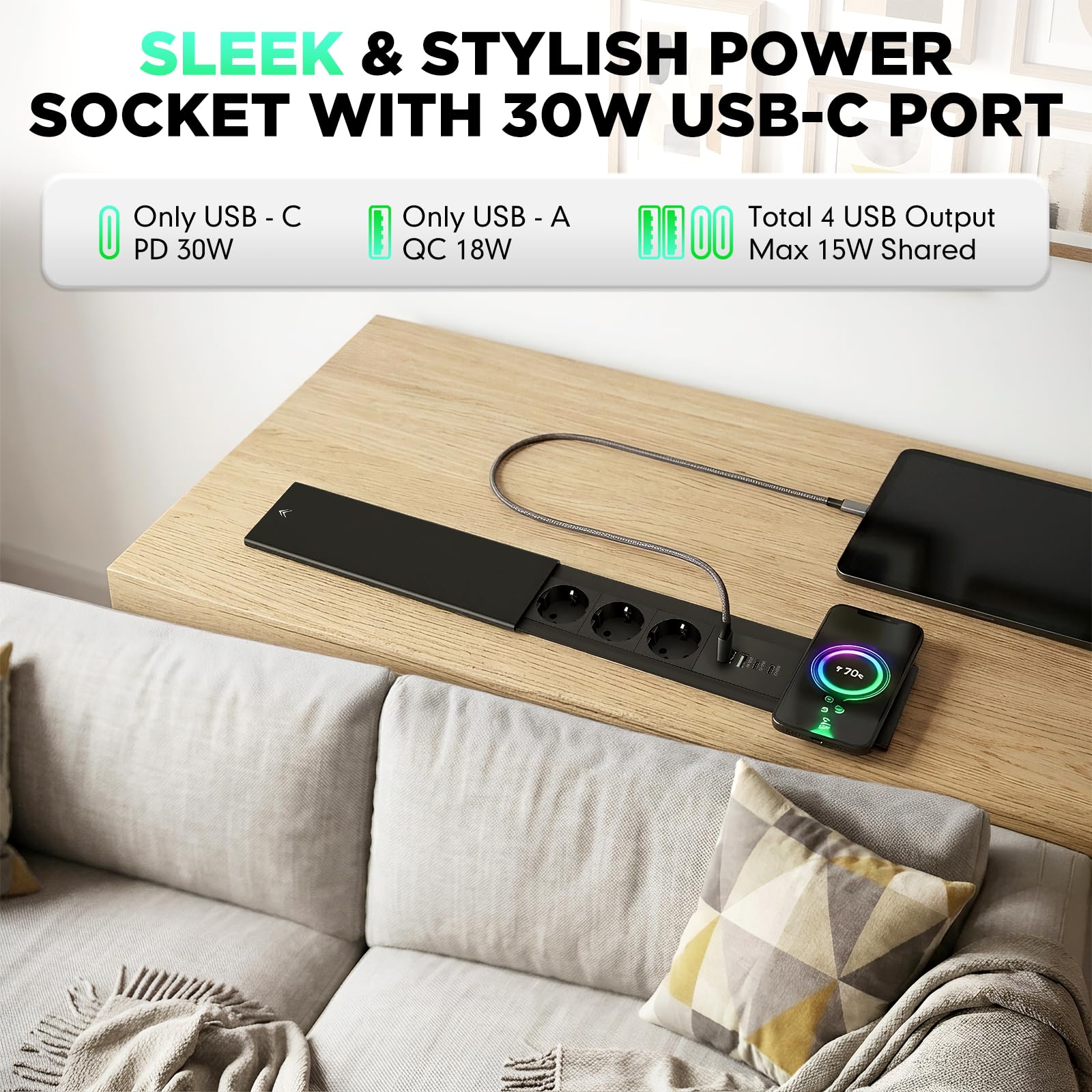 3 Fach Versenkbare Steckdose PD30W und15W Kabelloses Ladegerät und 2 USB C und 2 USB A, Tischsteckdose mit USB Versenkbar und Metall Deckel, Einbausteckdose für Schreibtisch Küche Büro, 1.8 Kable