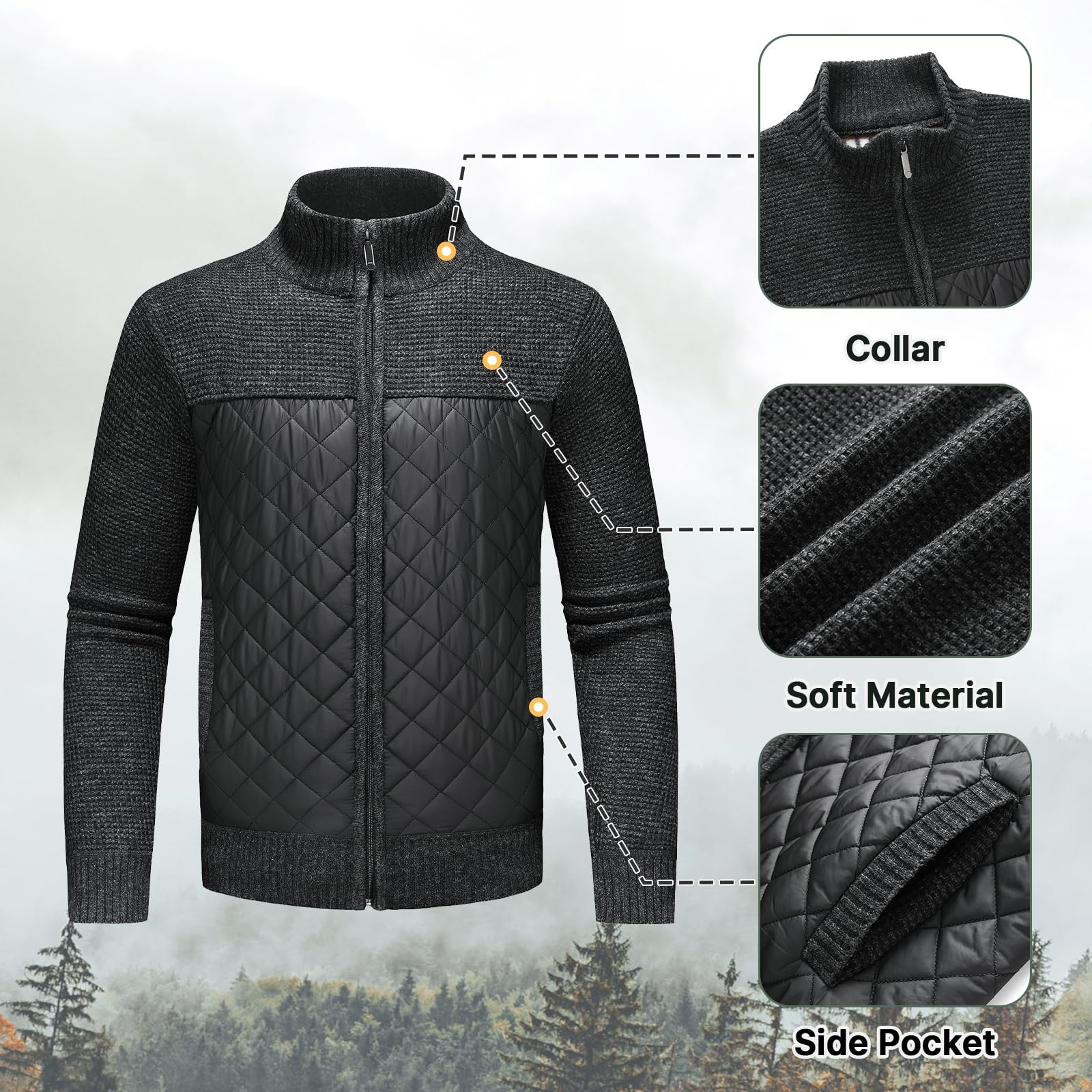 KUDORO Cardigan Gilet Homme Cardigan en Tricot Ouvrez-Front Zippé avec Col Montant Tricoté Chaude Veste d'hiver Doublé en Polaire