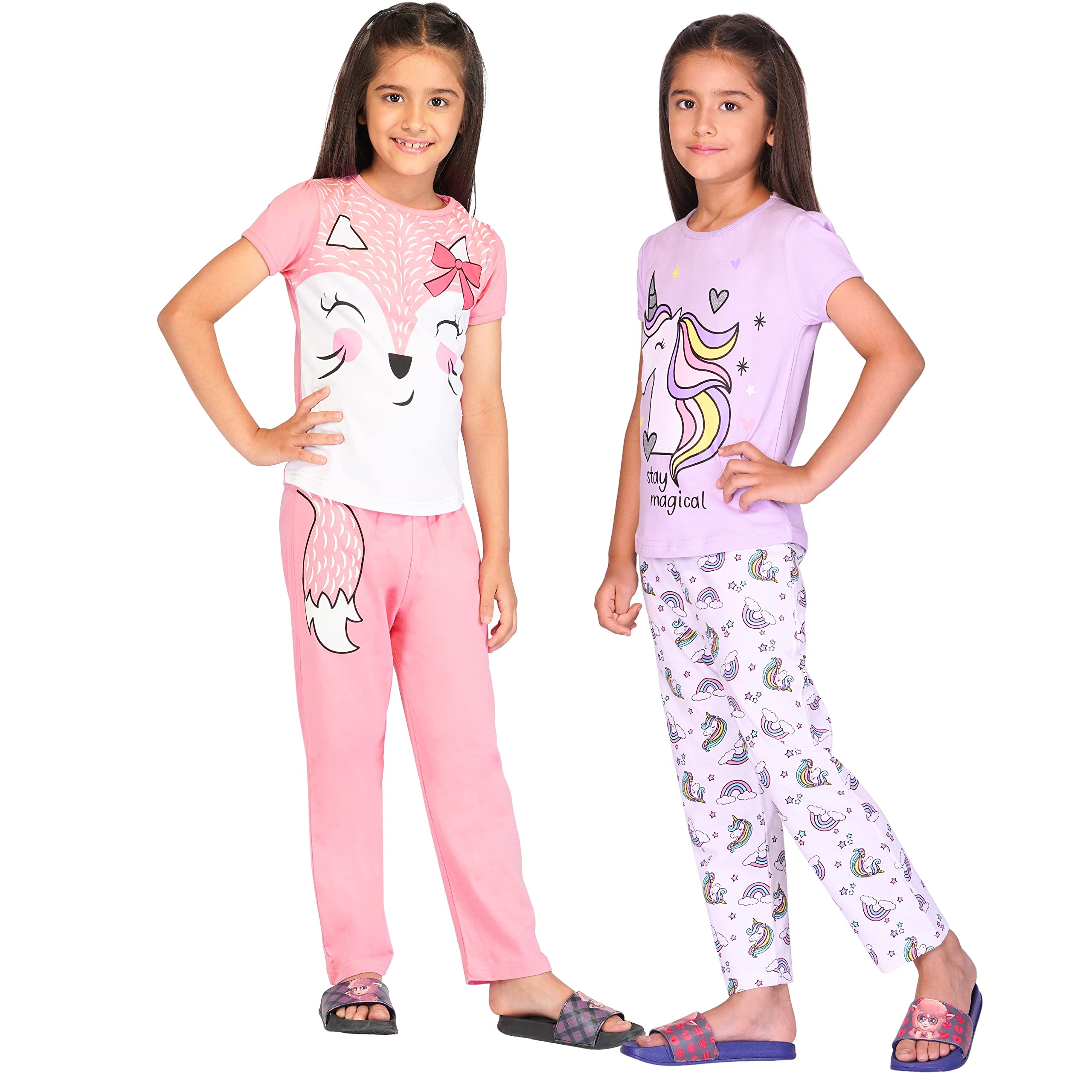 TotzTouch Baby | Kid Girls Night Wear T Shirt | Pajama Pant Set of 2 (Age 6 Months to 10 Years) (2, 6 to 12 Months) Pink-Purple