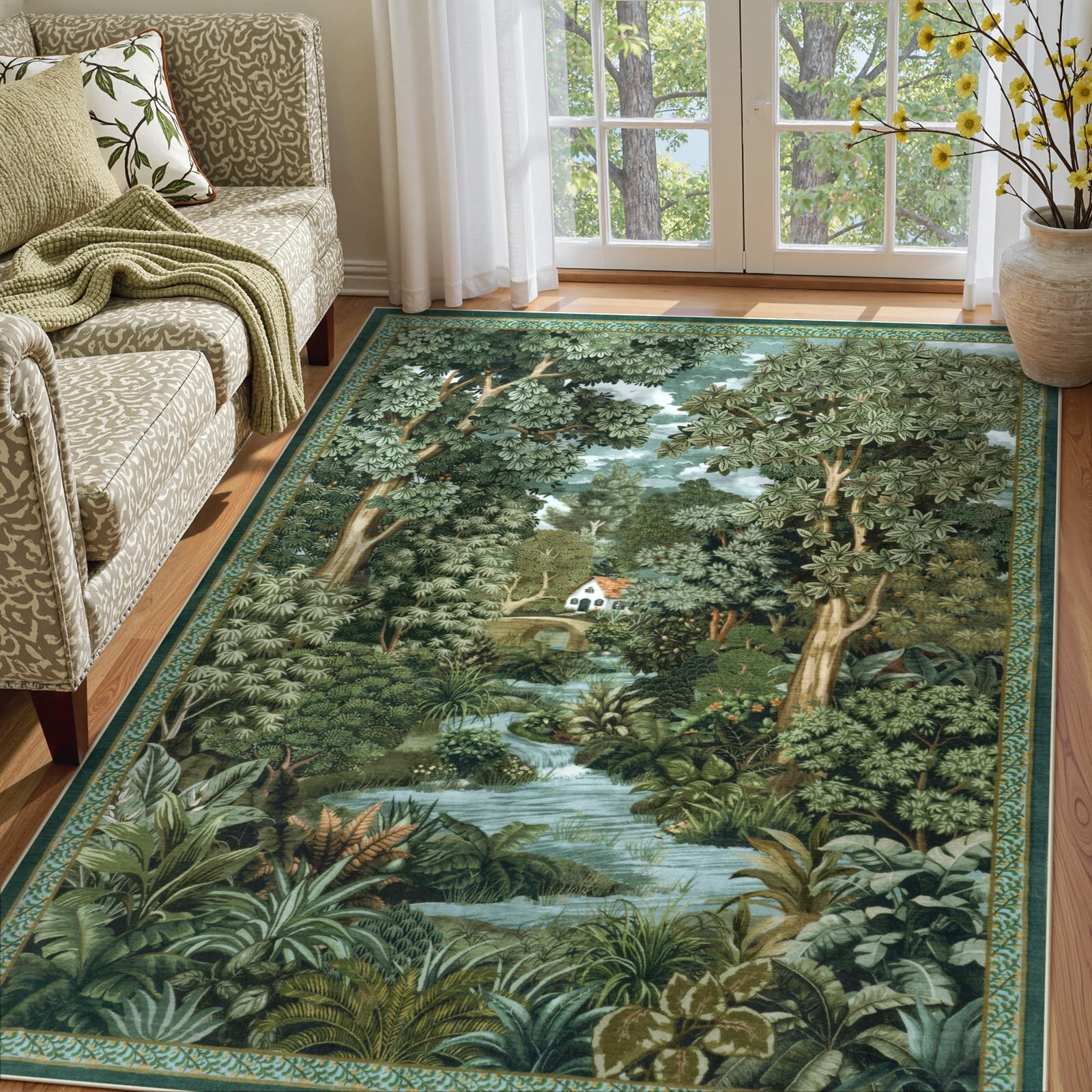 LIVEBOX Washable Green 5x7 Area Rugs for Living Room Non Slip Soft Low Pile Vintage Farmhouse Jungle Boys