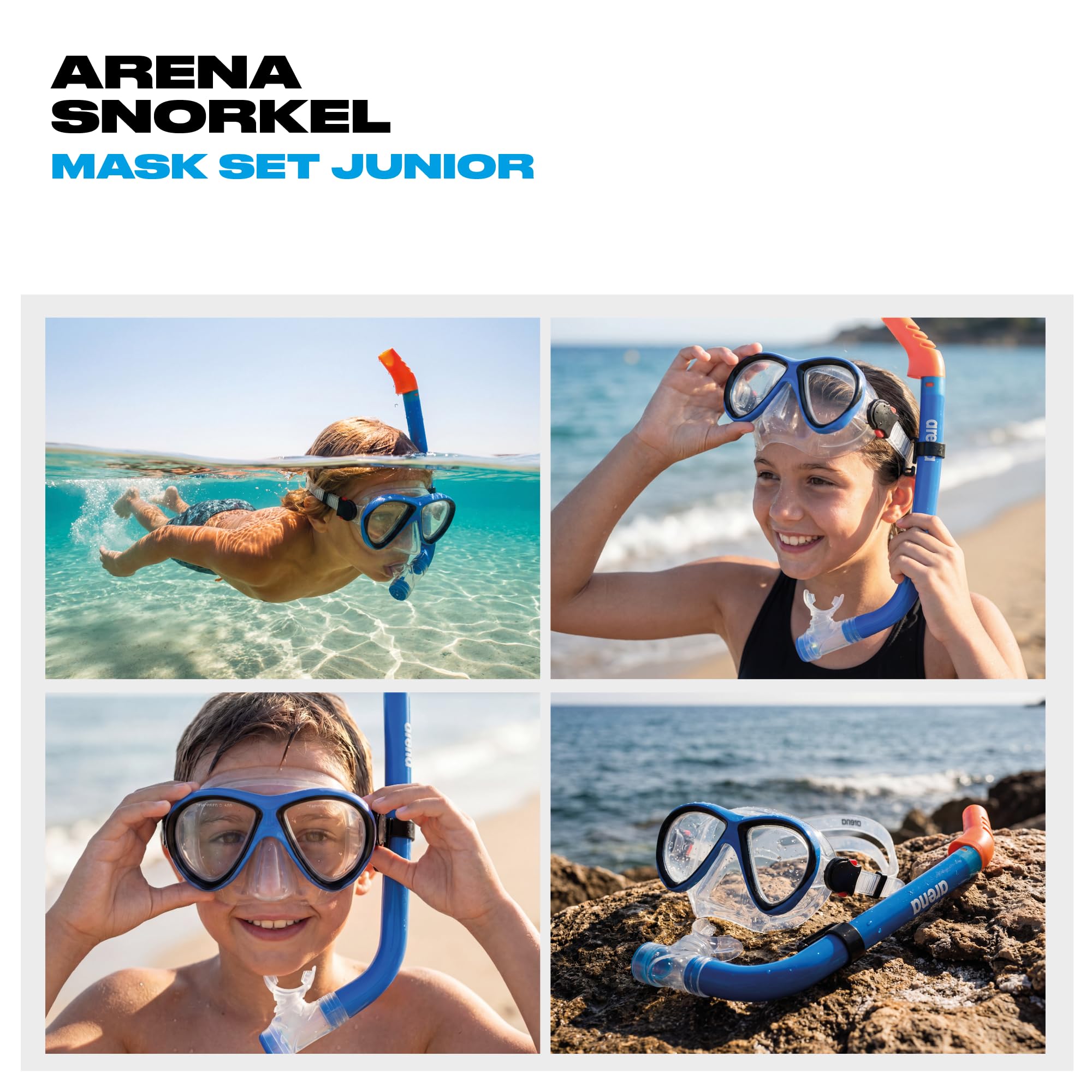 arena Set Schnorchelmaske und Schnorchel für Kinder, Schnorchelmaske, Meeresmaske, Schnorchelset für Mädchen mit Anti-Leck-Technologie, Flexibler Schlauch mit Entleerungsventil, Hypoallergenes Silikon