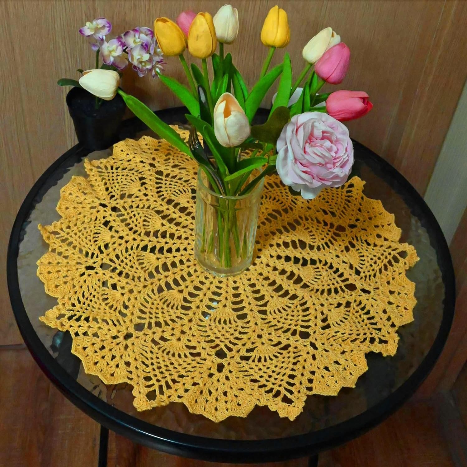BIBITIME Easter Mother's Day Round Flower Lace Doilies Wedding Vase Mats Kitchen Tablecloth Dining Room Dish Plate Mat Handmade Crochet Table Doily Placemats (18 in to 20 in,2PCS, Style07-Yellow)