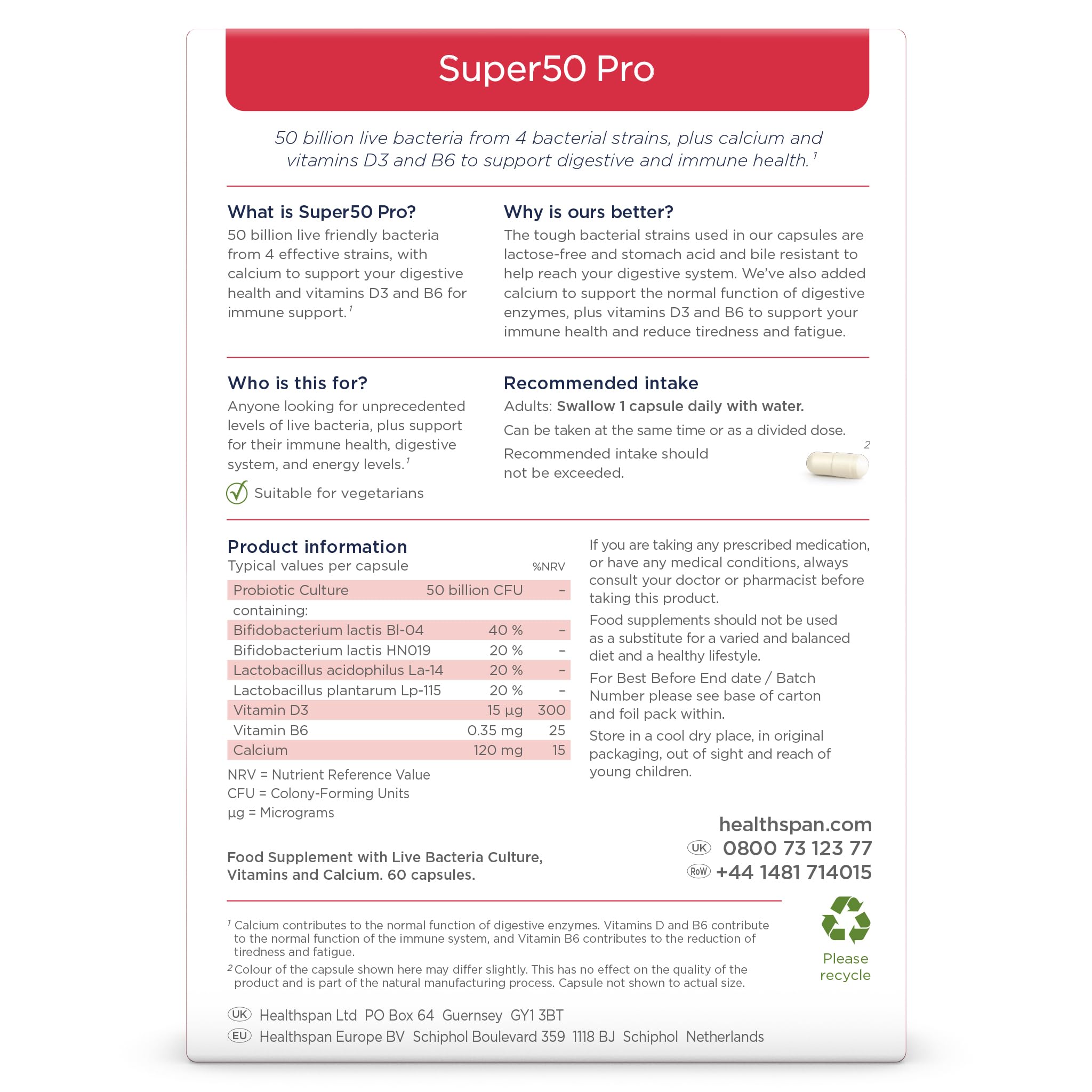 Healthspan Super50 Probiotikum | Unterstützung für eine gesunde Darmflora mit Vitamin D3 und Calcium | Reduziert Müdigkeit mit Vitamin B6 | Hochwertige Formel | Laktosefrei | Vegetarisch | 60 Kapseln