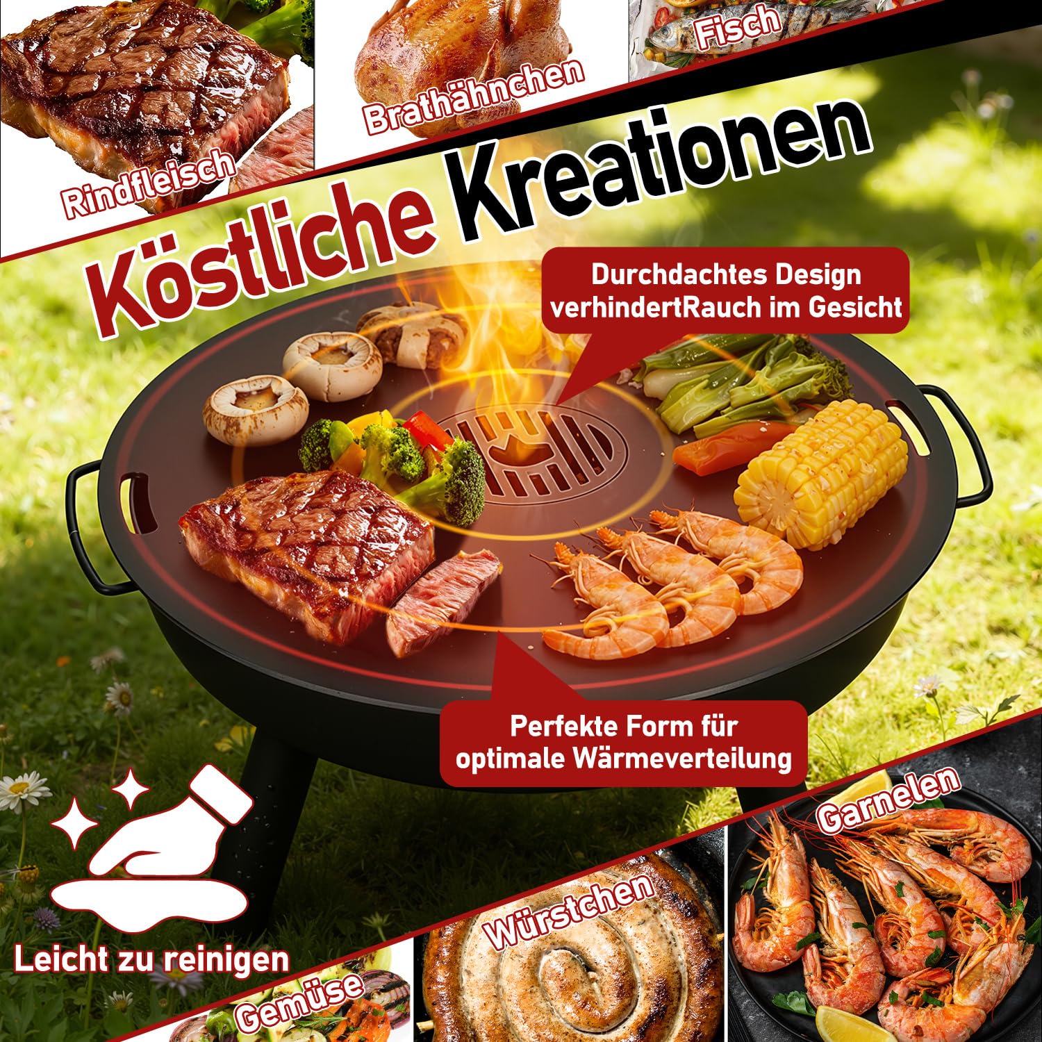 Carbonstahl Feuerplatte Ø 80 cm mit Grilleinsatz und Handschuhen, Grillplatte für Feuertonne und Feuerschale, Plancha Grillring für BBQ und Teppanyaki