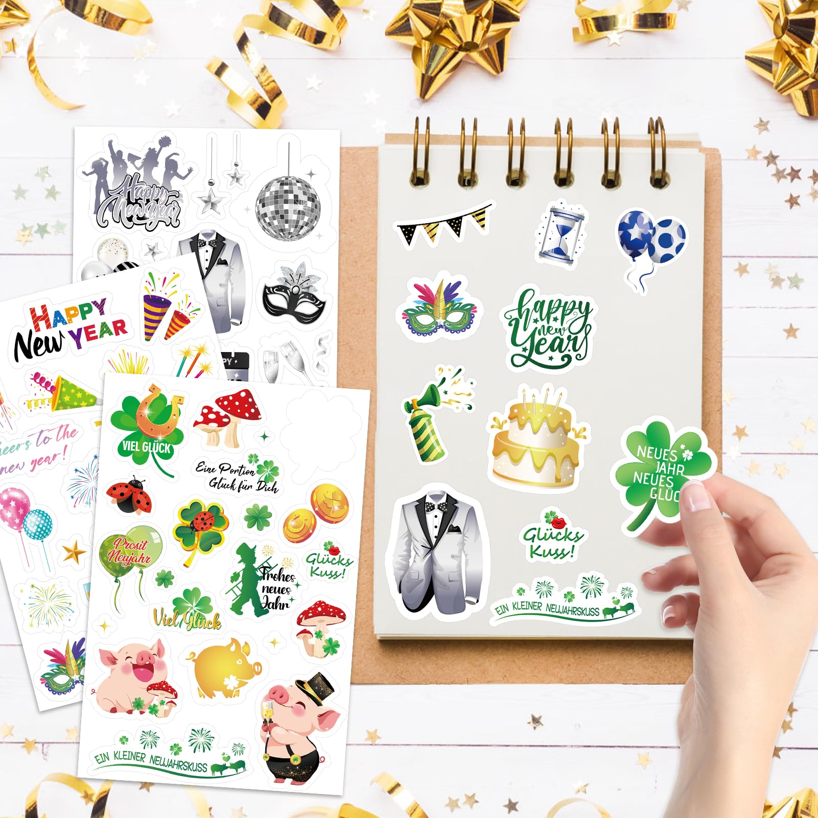 175+ Neujahr Sticker Set, 2025 Glücksbringer Silvester Sticker