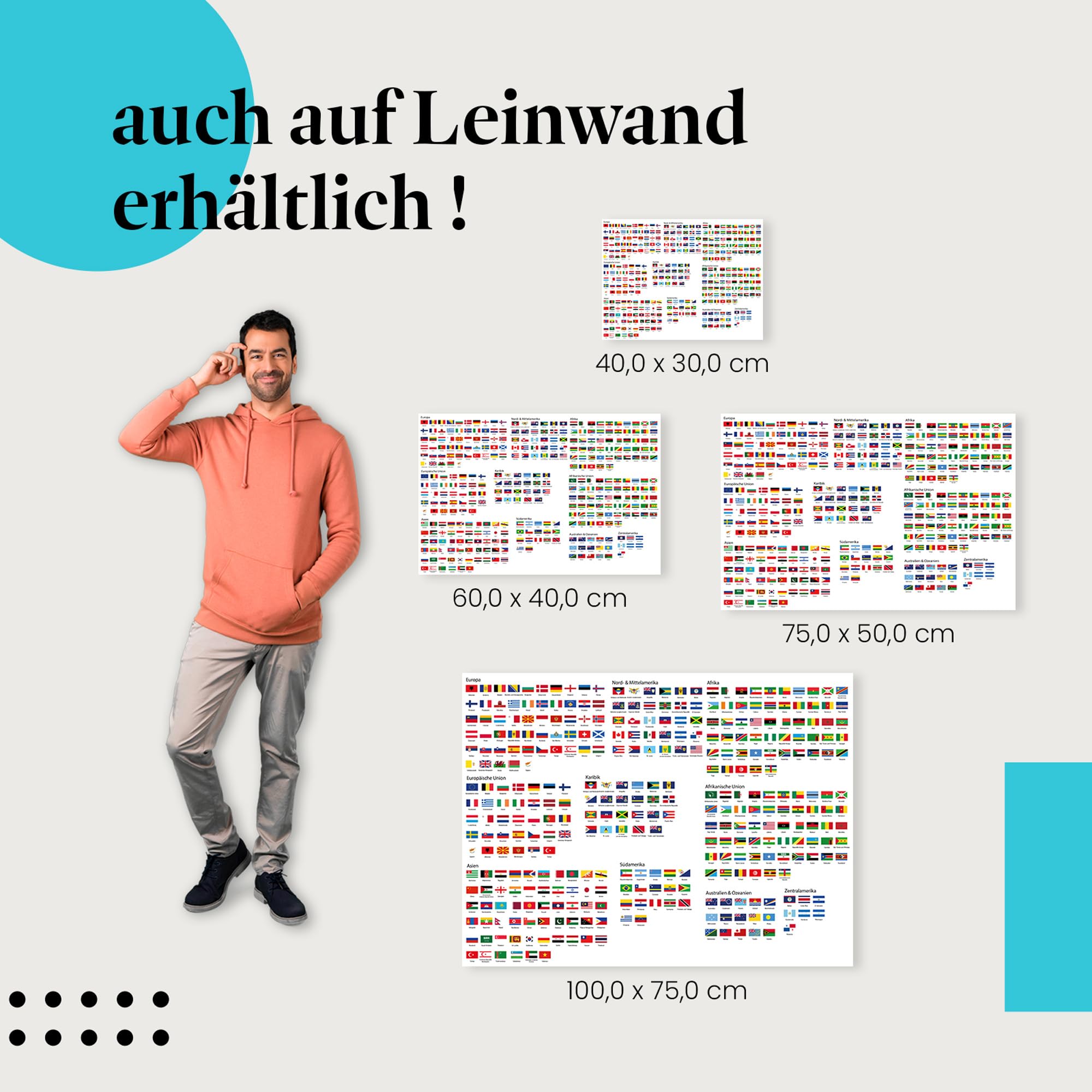 Postereck - 2515 - Flaggen, Erde Schule Kontinente Fahnen Studium - Unterricht Klassenzimmer Schule Wandposter Fotoposter Bilder Wandbild Wandbilder - Leinwand - 100,0 cm x 75,0 cm