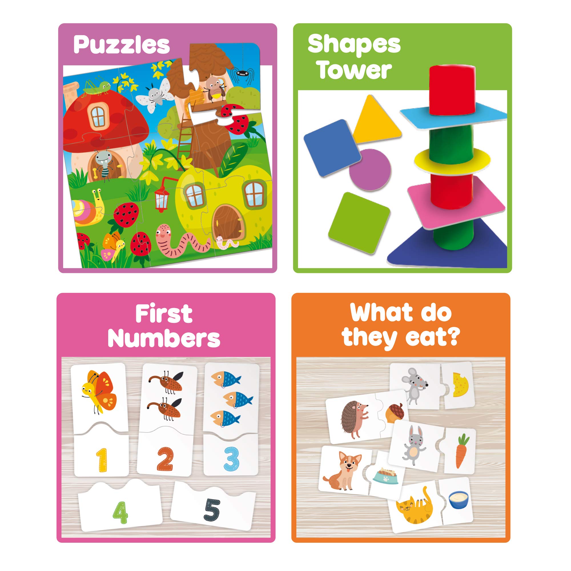 Lisciani - CAROTINA BABY - Collection of 10 Educational Games for Children from 2 to 4 Years - Balance Tower, Puzzle, Memory, Colours, Tombola and much more - Complete Game Kit - 3