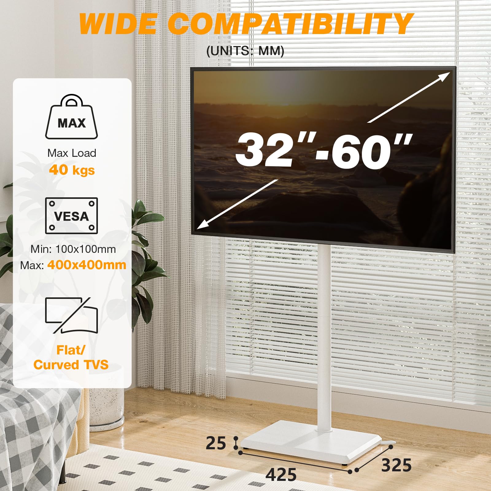 TVON TV Ständer TV Bodenständer für 32-60 Zoll Fernseher Standfuß Fernsehstand höhenverstellbar schwenkbar Max. VESA 400x400 mm bis 40 kg