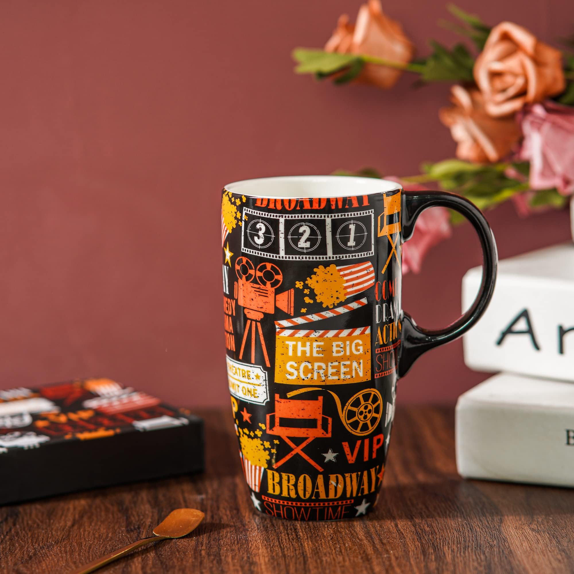 DUSVALLY Ceramic Mug Large Coffee Mug Tall Cups Porcelain Latte Tea Cup with Lid and Gift Box 17oz,Movie, 17 ounces - Image 2
