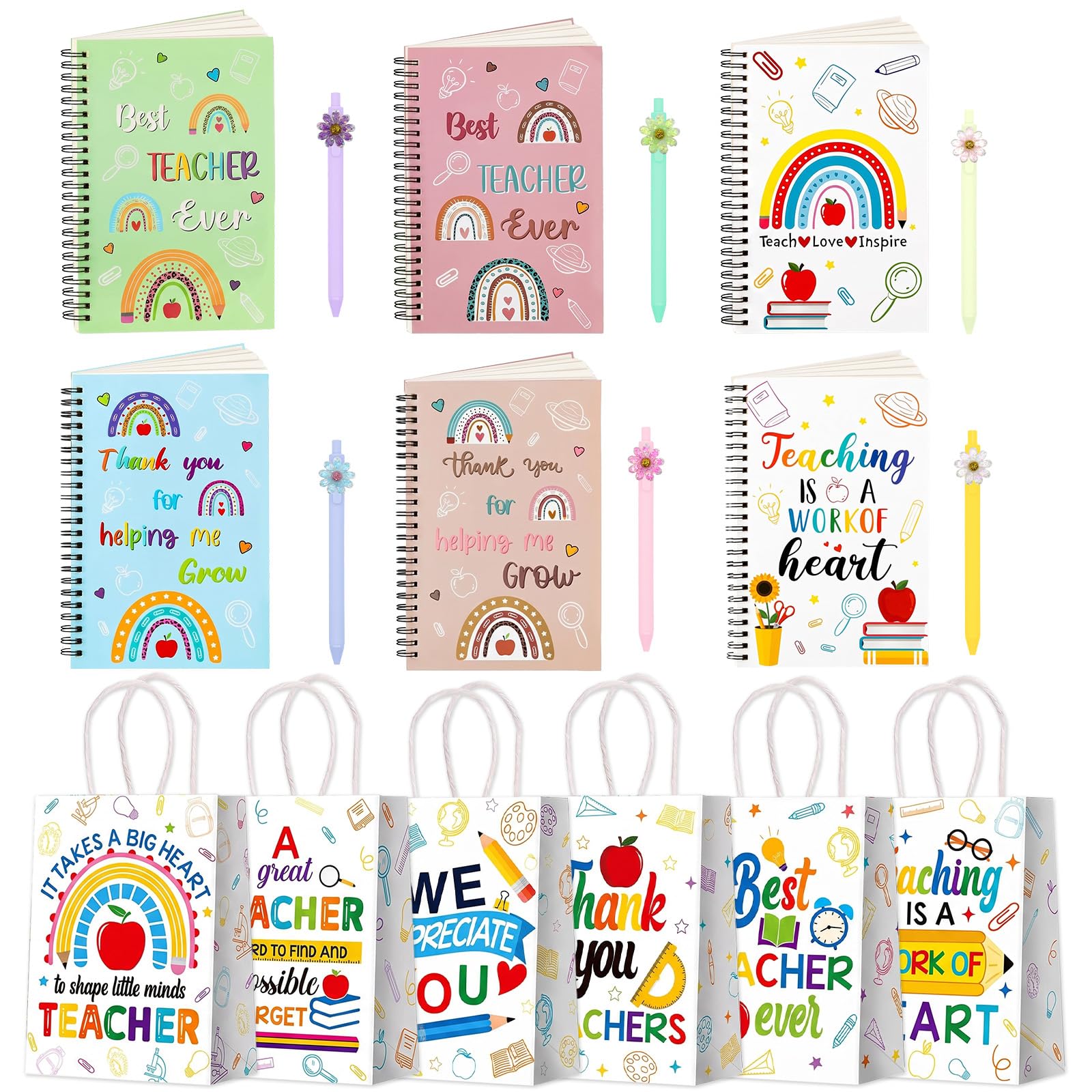 FAMINESS Thank You Teacher Gifts for Women with 6Pcs A6 Notebooks &6 Flower Pens +6Pcs Teacher Gift Bags Gift for Teacher End Of The Year