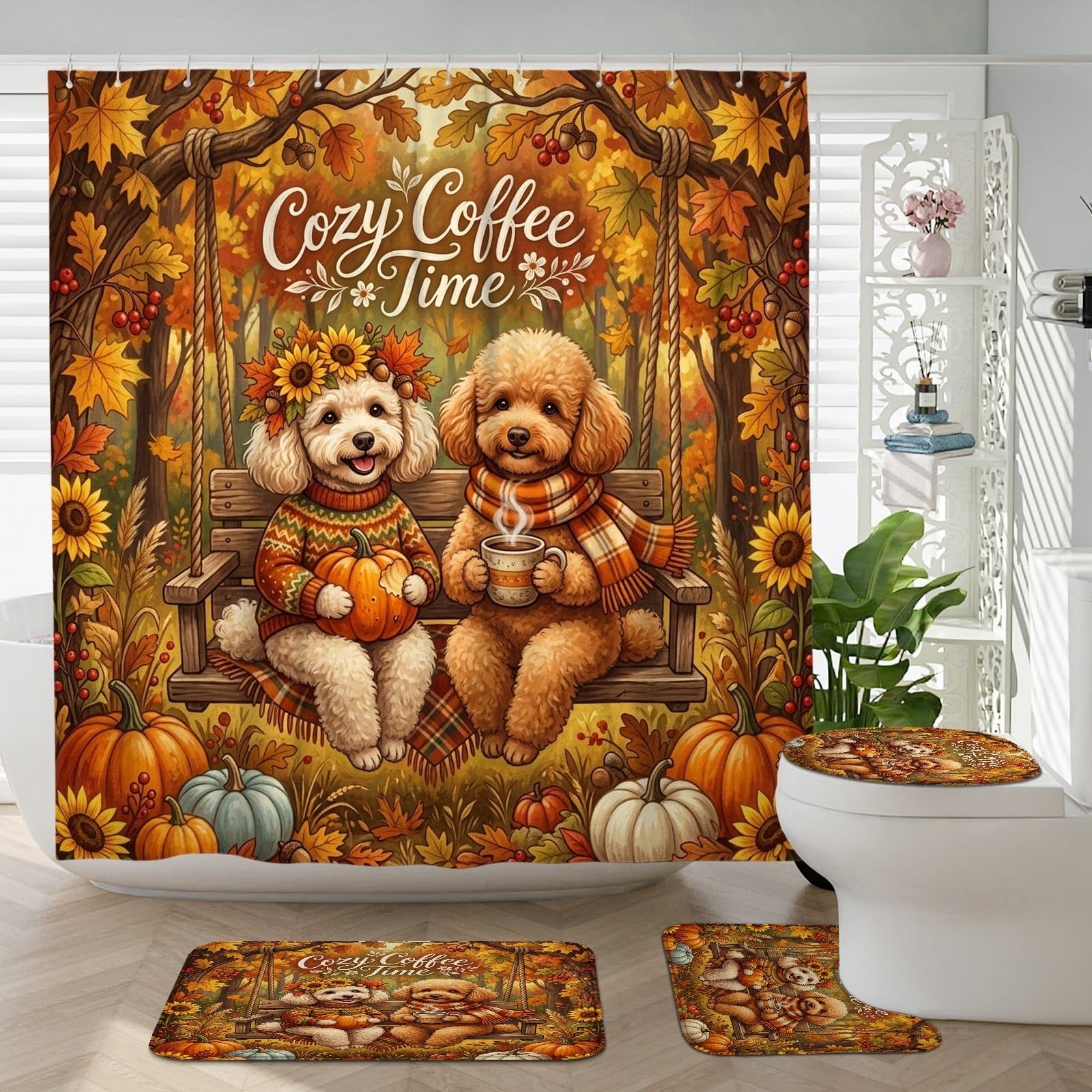 Ambiance forêt d'automne avec ce rideau de douche citrouille et tapis