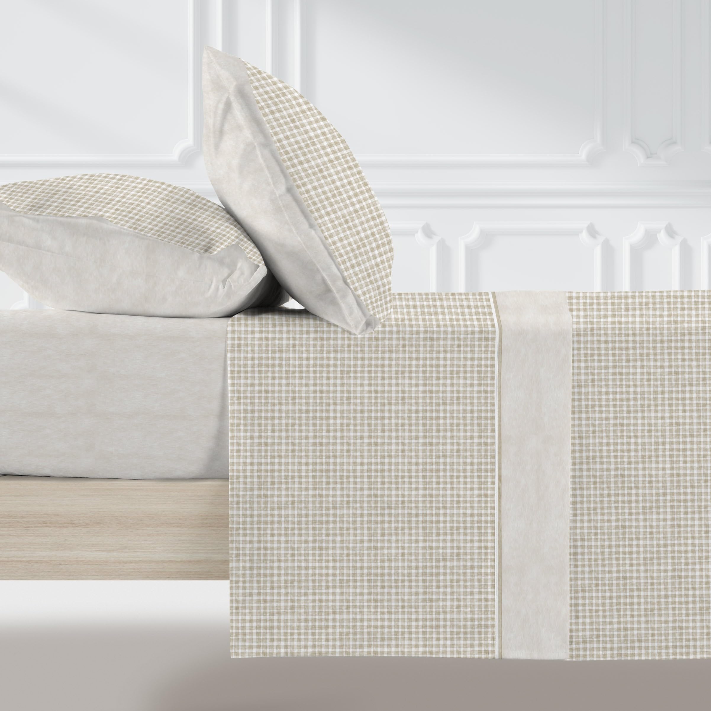 Juego de Sábanas 100% Algodón Vichy Wash Manterol · Percal 150 Hilos · Cuadros Beige · Cama 90-180 cm · con Encimera, Bajera Ajustable y Fundas ·de Almohada (Cama 135/!40cm)
