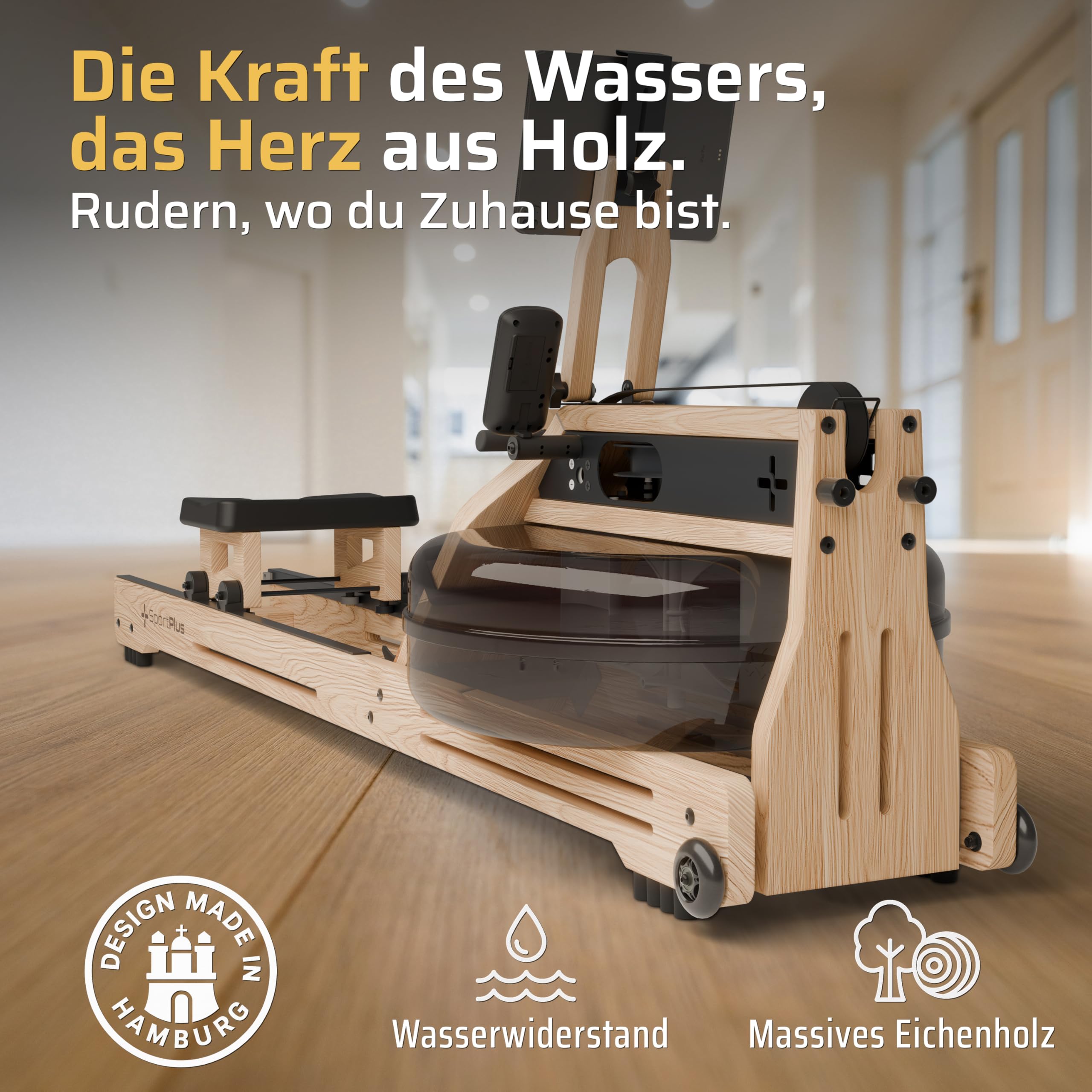SportPlus Rudergerät für Zuhause Wasser - Wasserrudergerät Designed in Germany - Rudergerät Wasser klappbar Robustes Eichenholz - Premium Rudermaschine Holz bis 180 kg & 200 cm