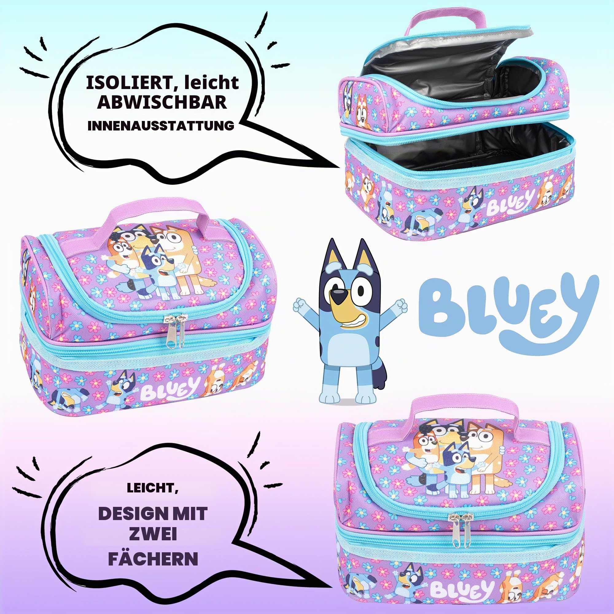 Bluey - Schul-Lunch-Tasche für Kinder – Snack-Tasche mit mehreren Fächern für Mädchen und Jungen – wärmeisoliert und großes Fassungsvermögen – Lila