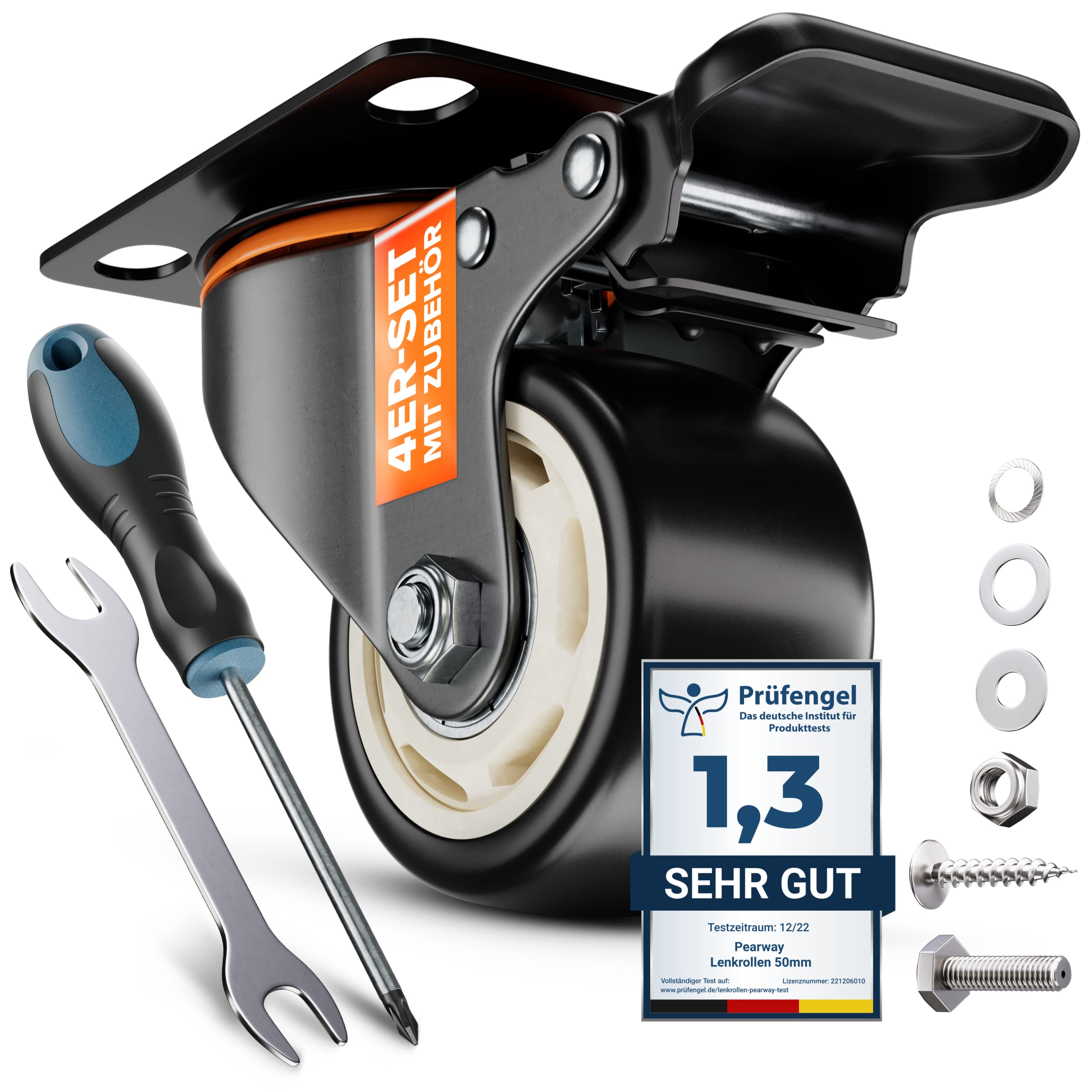 PEARWAY™ Schwerlastrollen 75mm - bis 500kg mit 4x Bremse - extra leise & langlebig - Möbelrollen mit Bremse - Rollen für Möbel & Schwerlast - Lenkrollen für Möbel & Outdoor - Laufrollen - Bockrollen