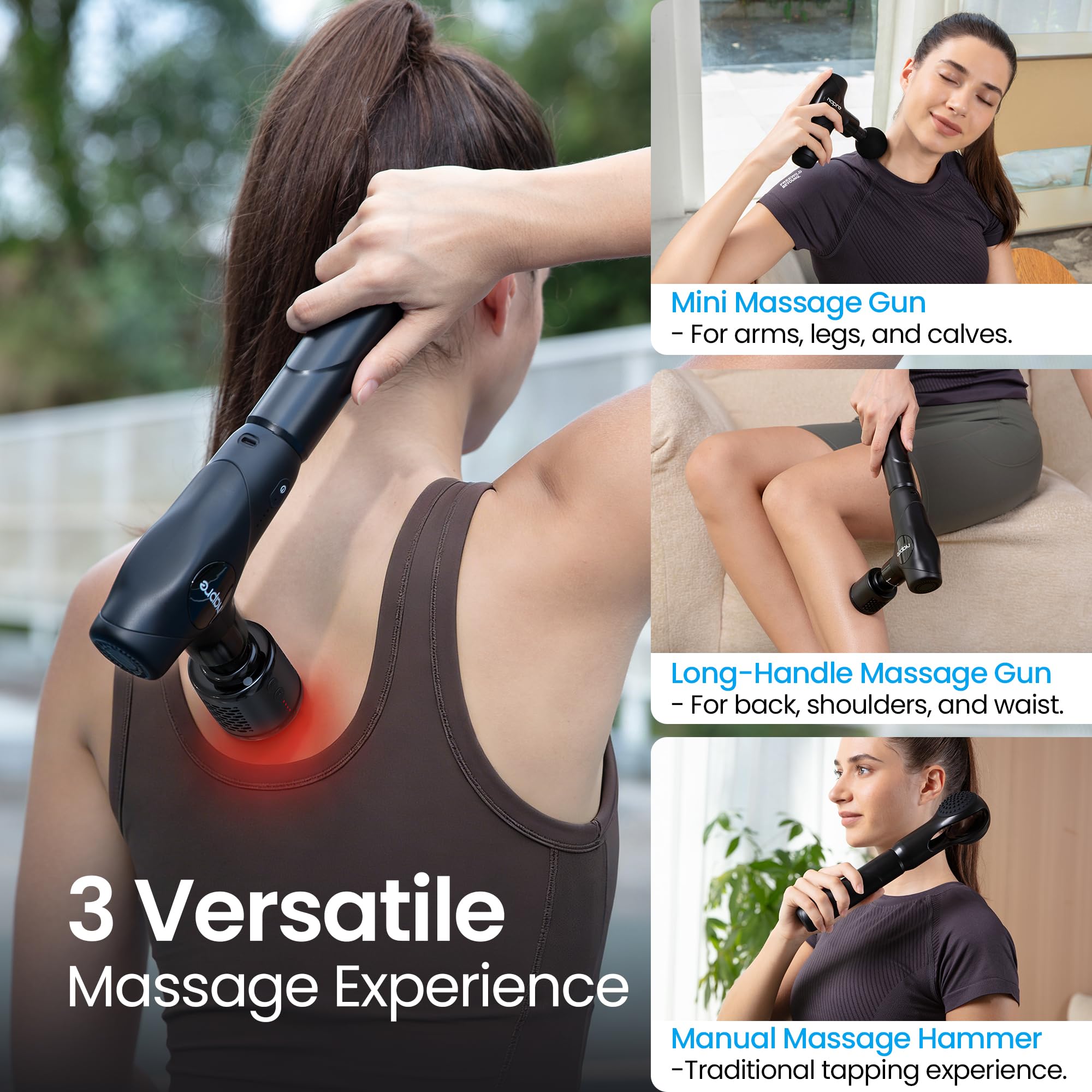 Pistolet De Massage,NAPRE Mini Pistolet de Massage Musculaire avec Tête Chaude et Froide,3 en 1 Pistolet Massage Massage Gun avec Poignée amovible,Silencieux,5 Embouts,Pour Dos épaules,Jambes,Muscles