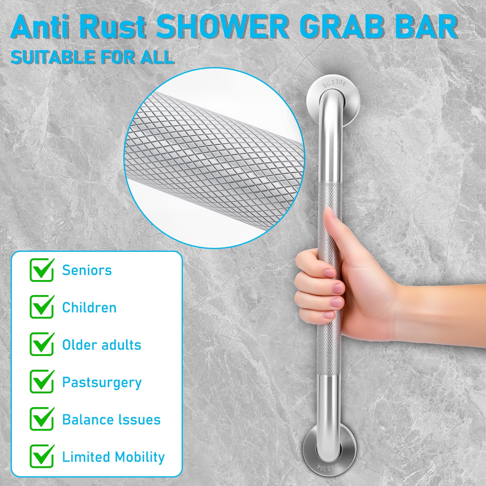 Paquete de 2 barras de agarre para ducha y asas de seguridad para bañera, rieles de asistencia antideslizantes con textura de acero inoxidable 304 para soporte anticaídas en bañera, ducha y áreas de