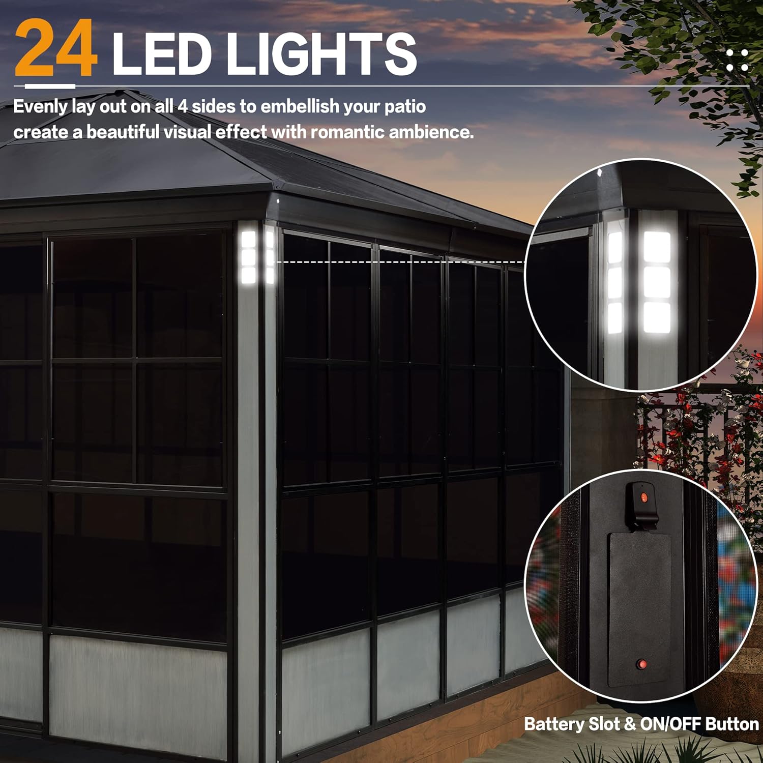 LED lights on gazebo pole with battery slot