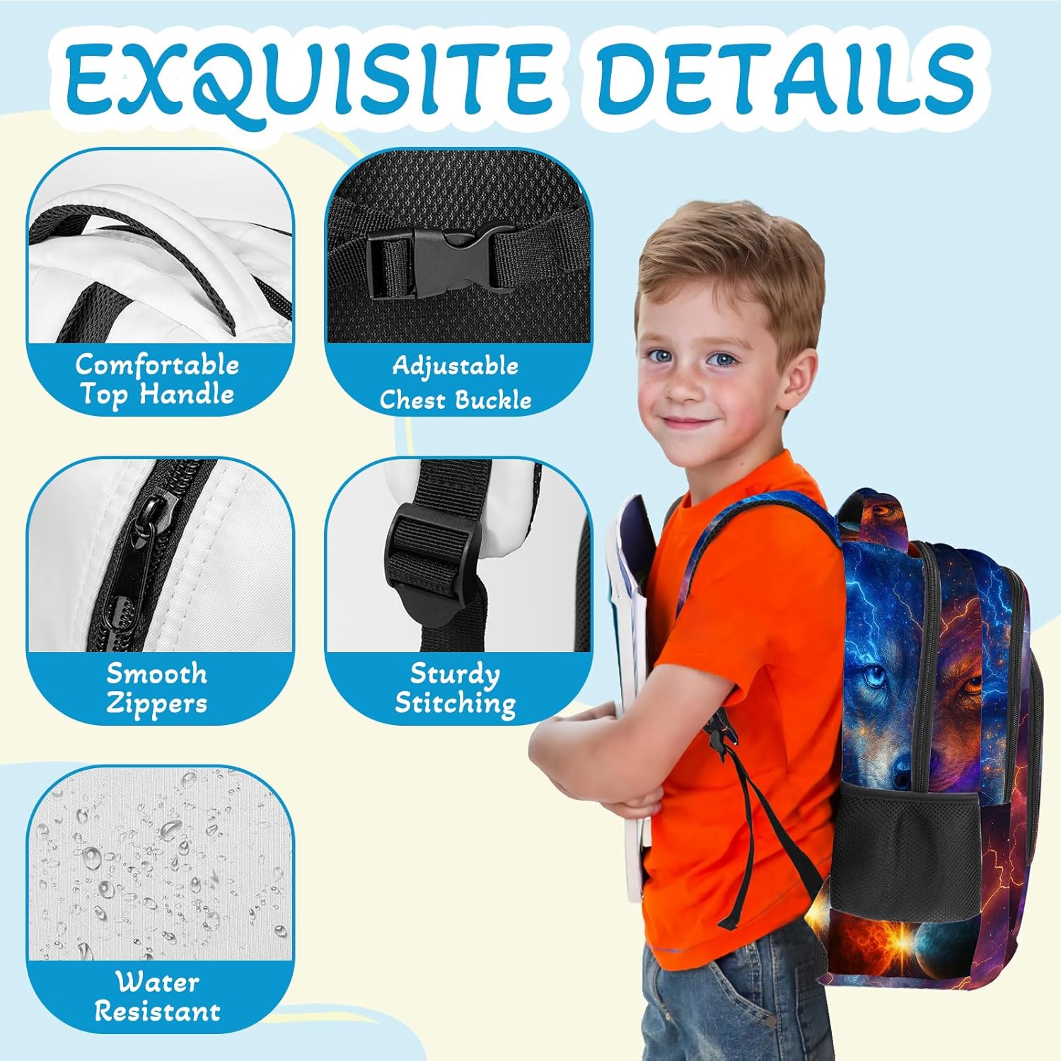 Wolf Backpack for Kids,School Bookbag Large Capacity Adjustable Bookbag Durable Lighting Multi Pockets School Bag Daypack Travel (Wolf)