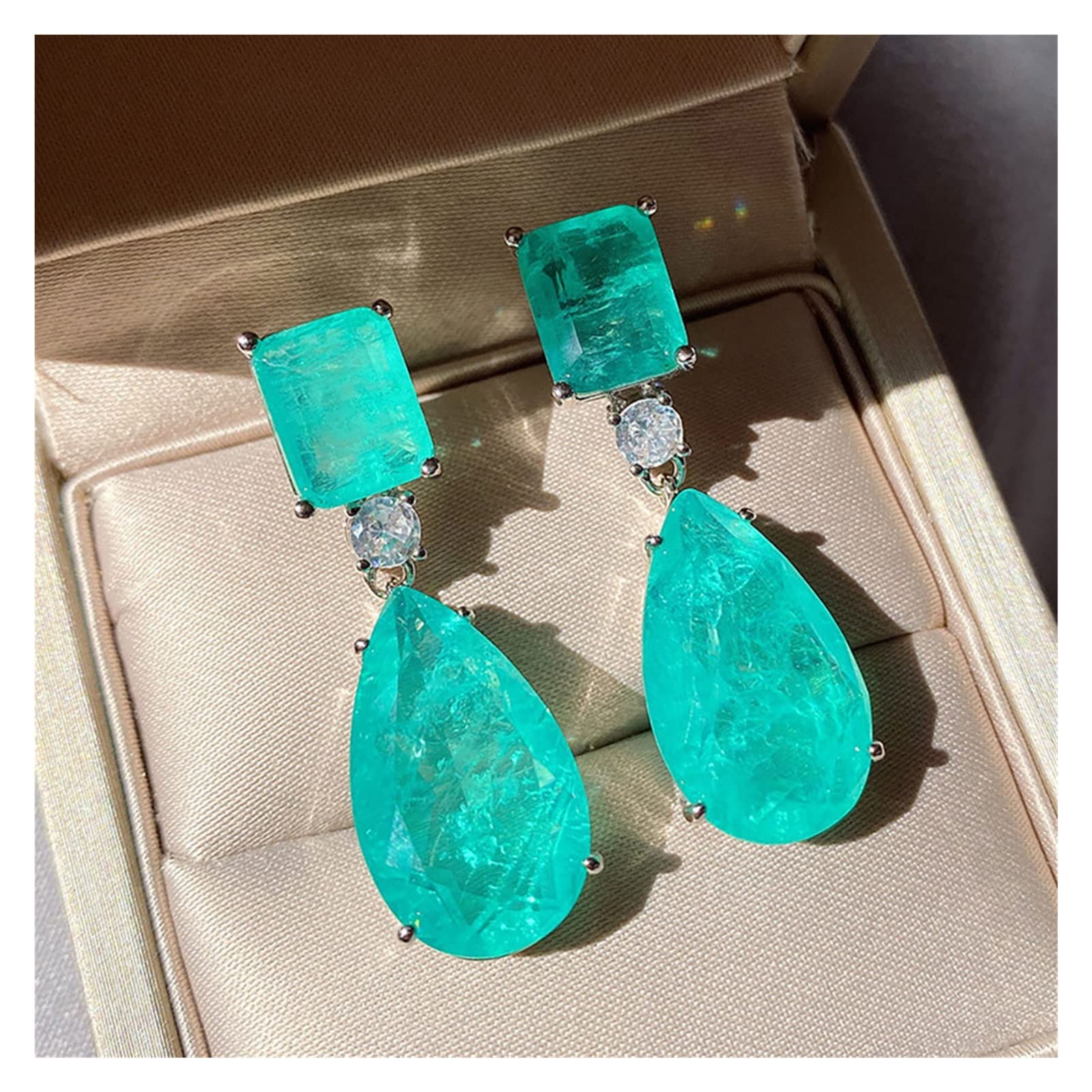 Djkyu Women's Onecolor 925 Sterling Silver Paraiba Tourmaline Emerald Gemstone Big Drop Earrings For Cocktail Party Fine Jewelry Giift (Gem Color : Blue)